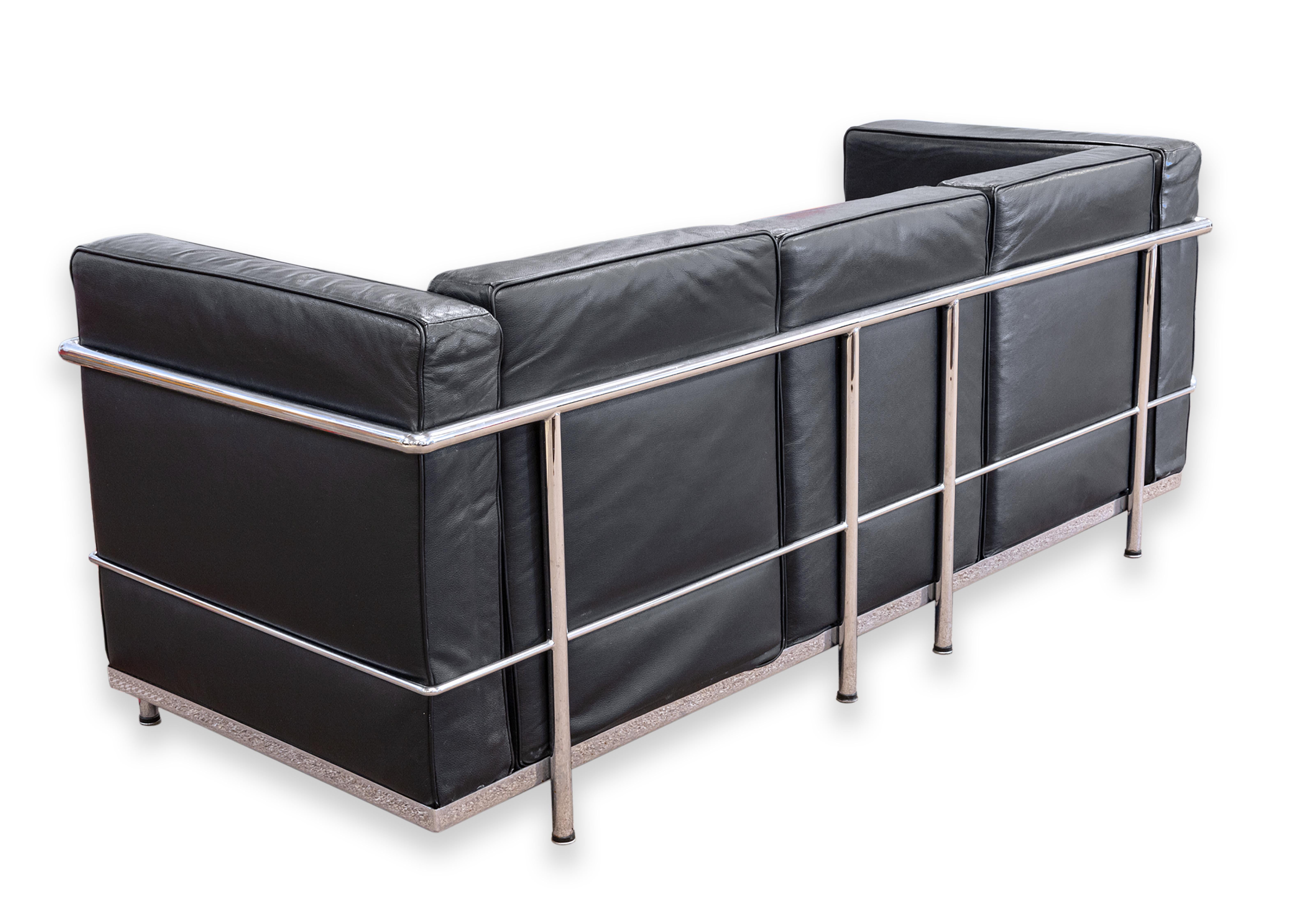 Le Corbusier LC2 Style Chrome and Black Leather Mid Century Modern Sofa 1