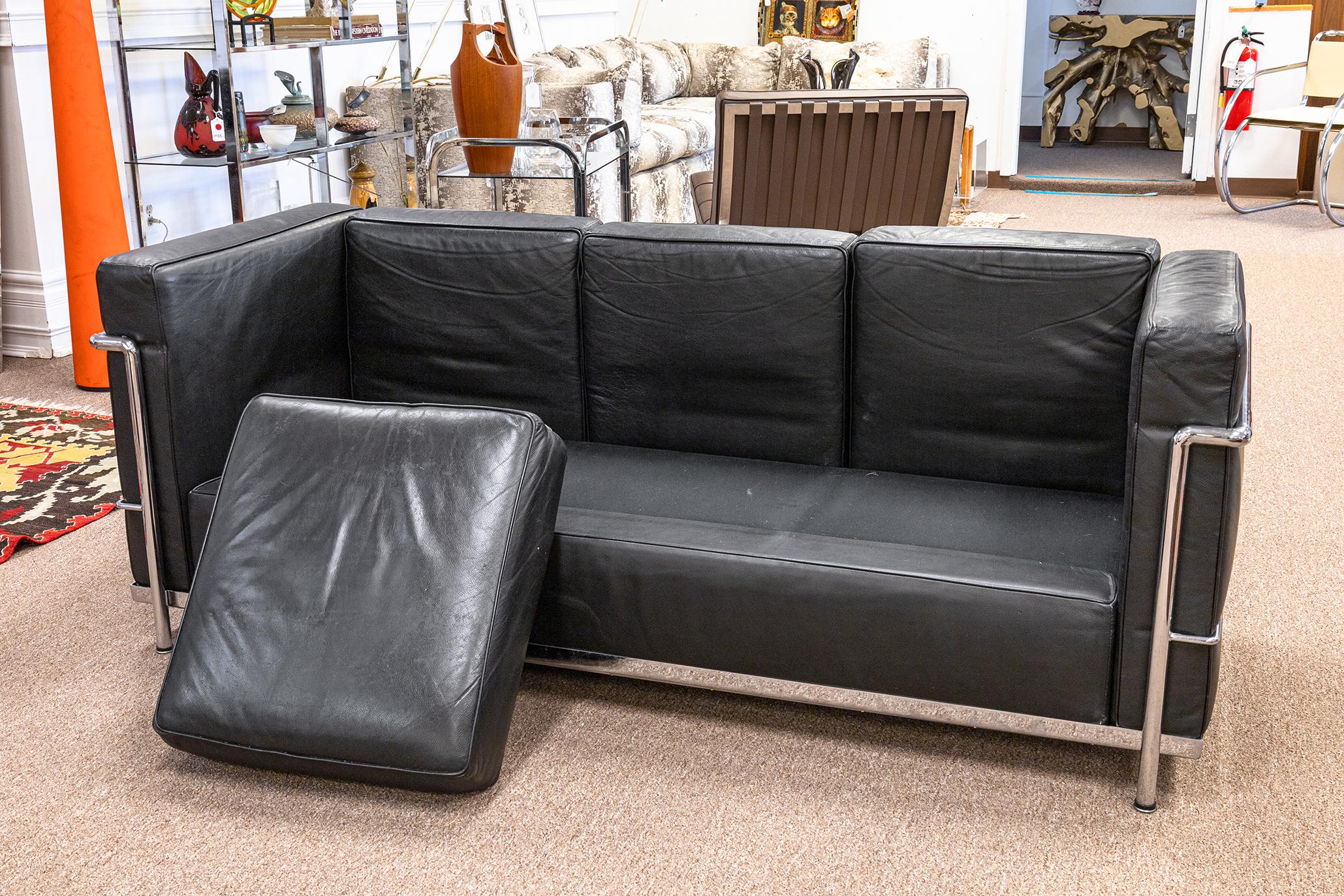 Le Corbusier LC2 Style Chrome and Black Leather Mid Century Modern Sofa 2