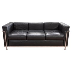 Le Corbusier LC2 Style Chrome and Black Leather Mid Century Modern Sofa