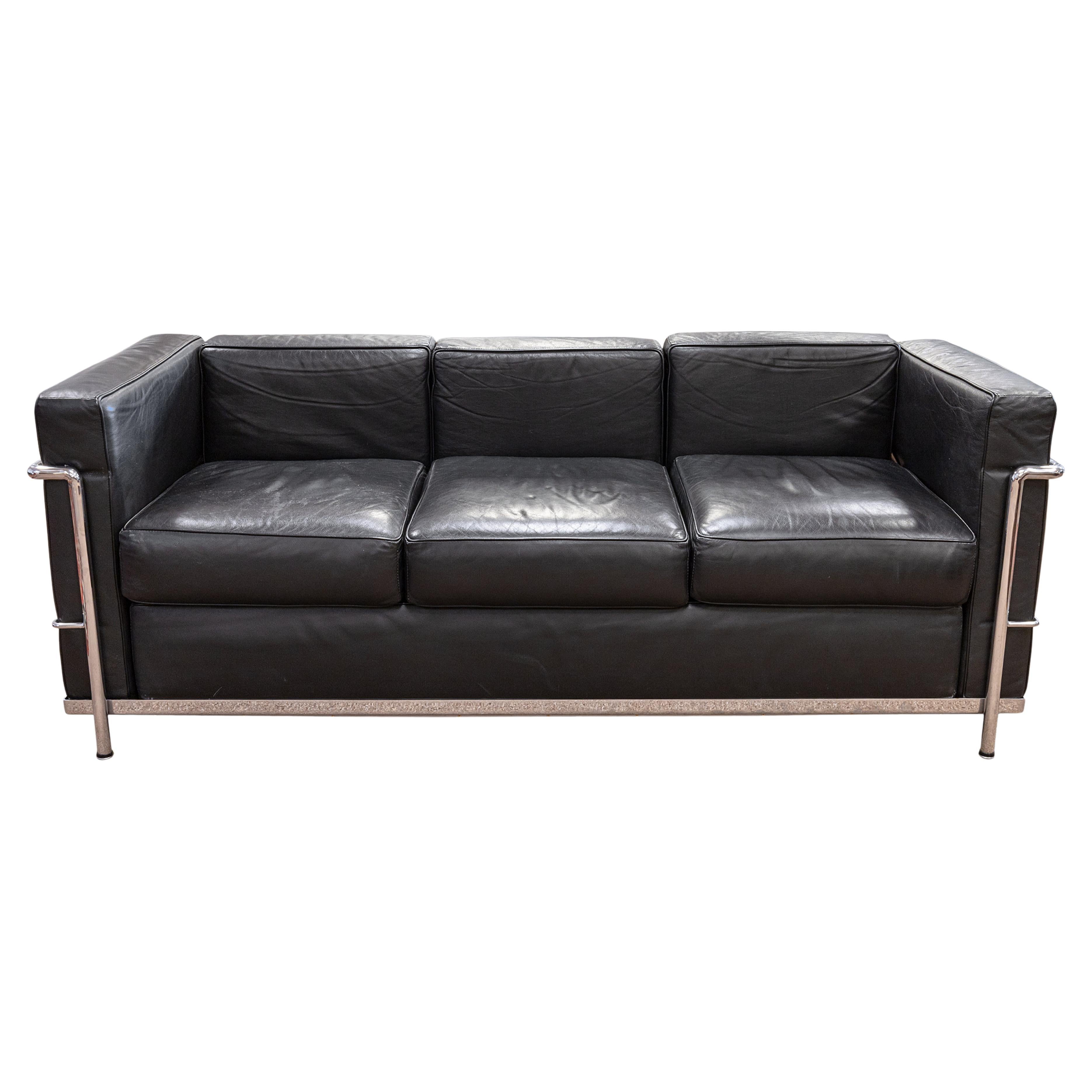 Le Corbusier LC2 Style Chrome and Black Leather Mid Century Modern Sofa