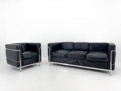 Le Corbusier LC3 Grand Comfort Style Black Leather & Chrome Living Room Set