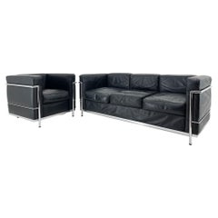 Le Corbusier LC3 Grand Comfort Style Black Leather & Chrome Living Room Set