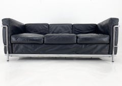 Le Corbusier LC3 Grand Comfort Style Black Leather & Chrome Three-Seat Sofa