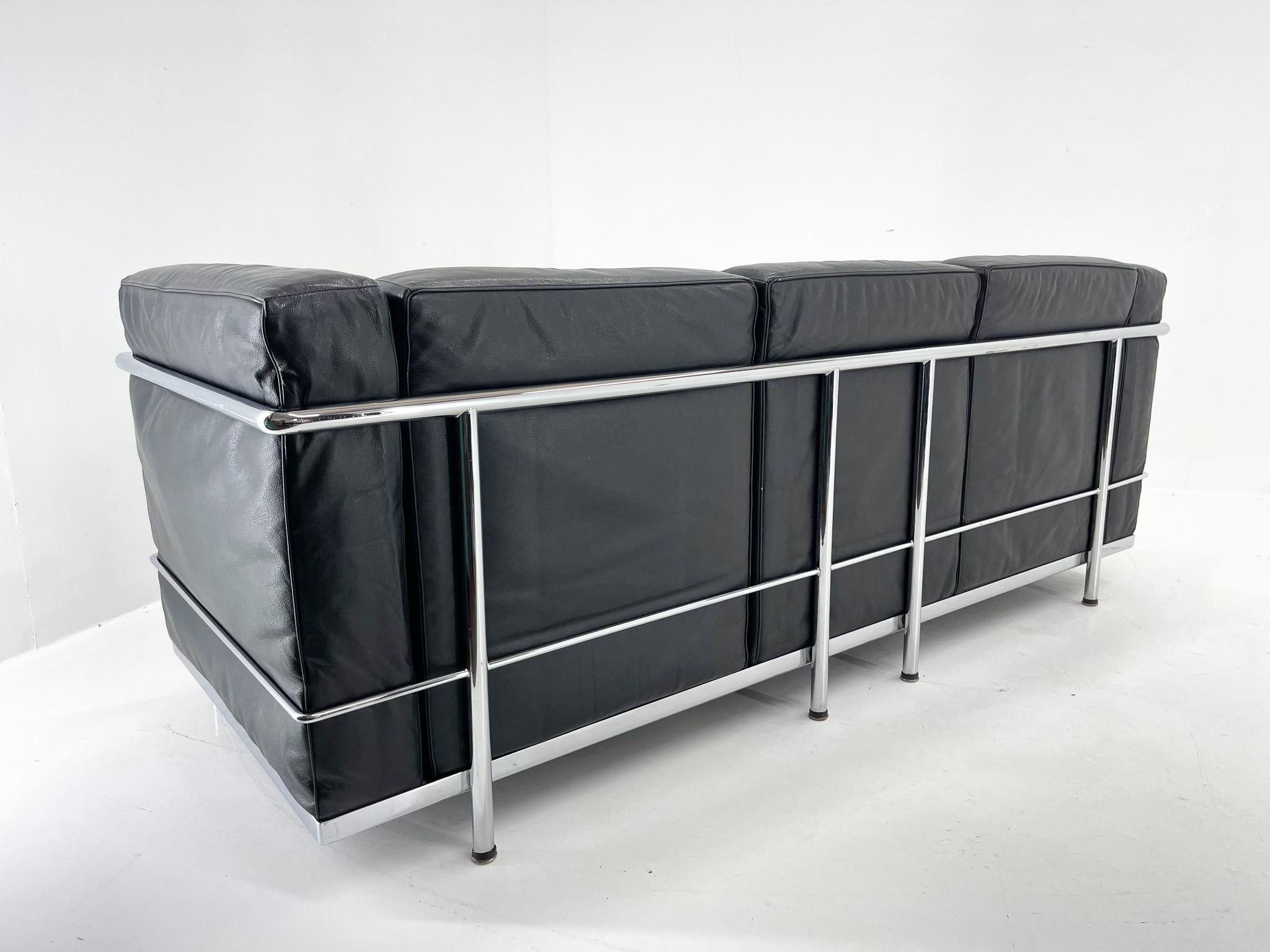 European Le Corbusier LC3 Grand Comfort Style Black Leather & Chrome Three-Seat Sofa