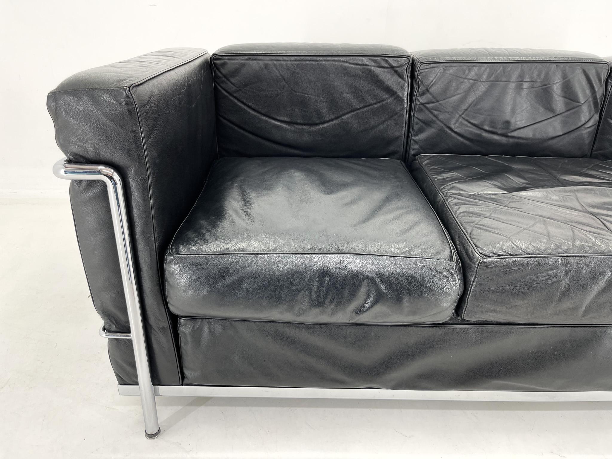 20th Century Le Corbusier LC3 Grand Comfort Style Black Leather & Chrome Three-Seat Sofa