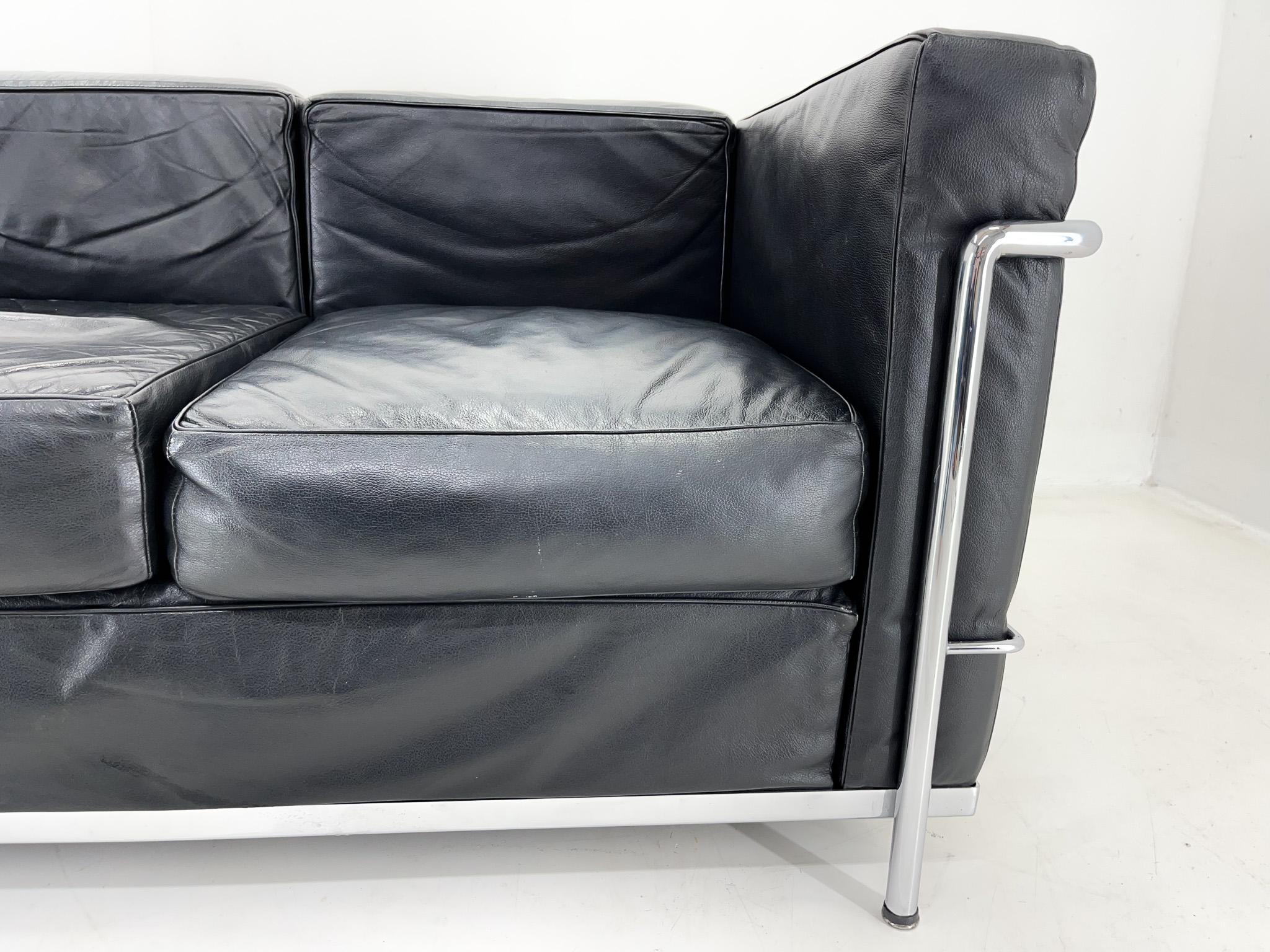 Le Corbusier LC3 Grand Comfort Style Black Leather & Chrome Three-Seat Sofa 1