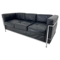 Le Corbusier LC3 Grand Comfort Style Black Leather & Chrome Three-Seat Sofa