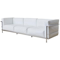 Le Corbusier LC3 Style White Leather and Chrome Sofa