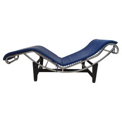 Vintage Le Corbusier LC4 Style Chaise Lounge with Blue Leather