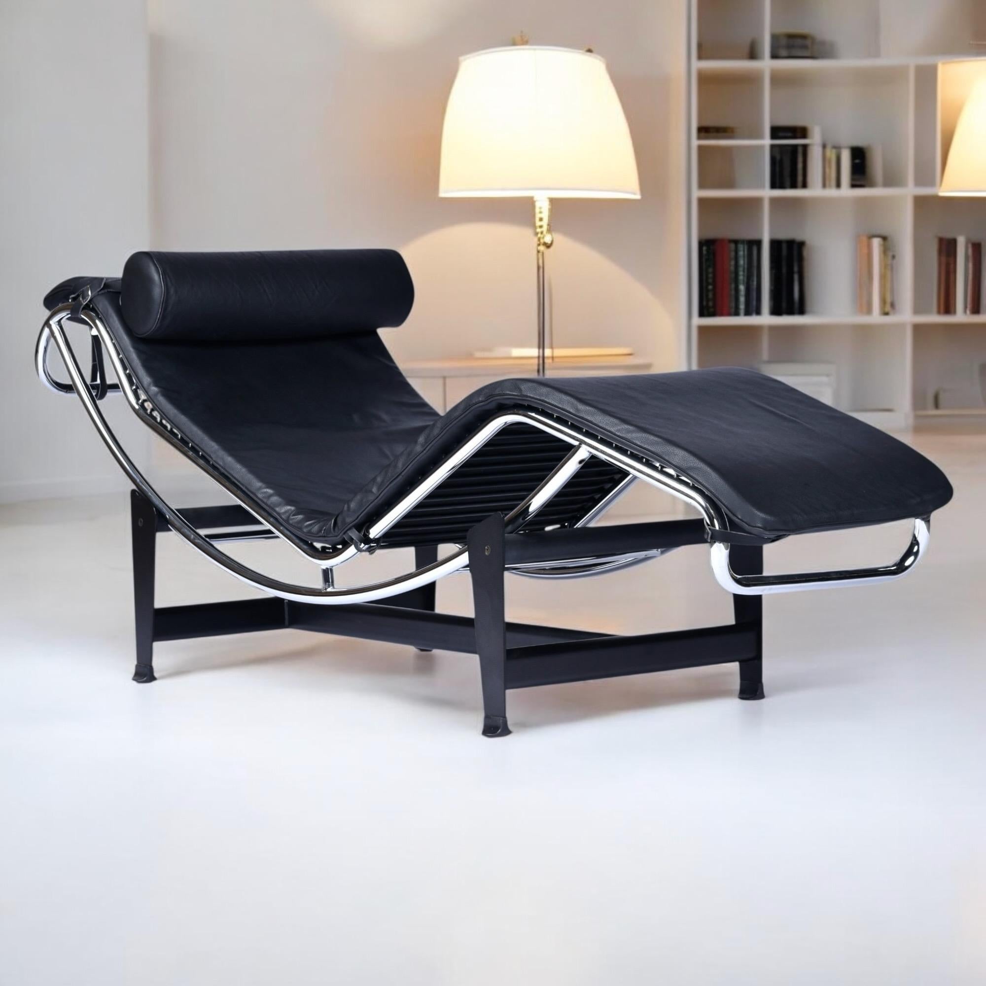 Riproduzione in stile Le Corbusier Lc4 della chaise longue regolabile in pelle nera in vendita 5