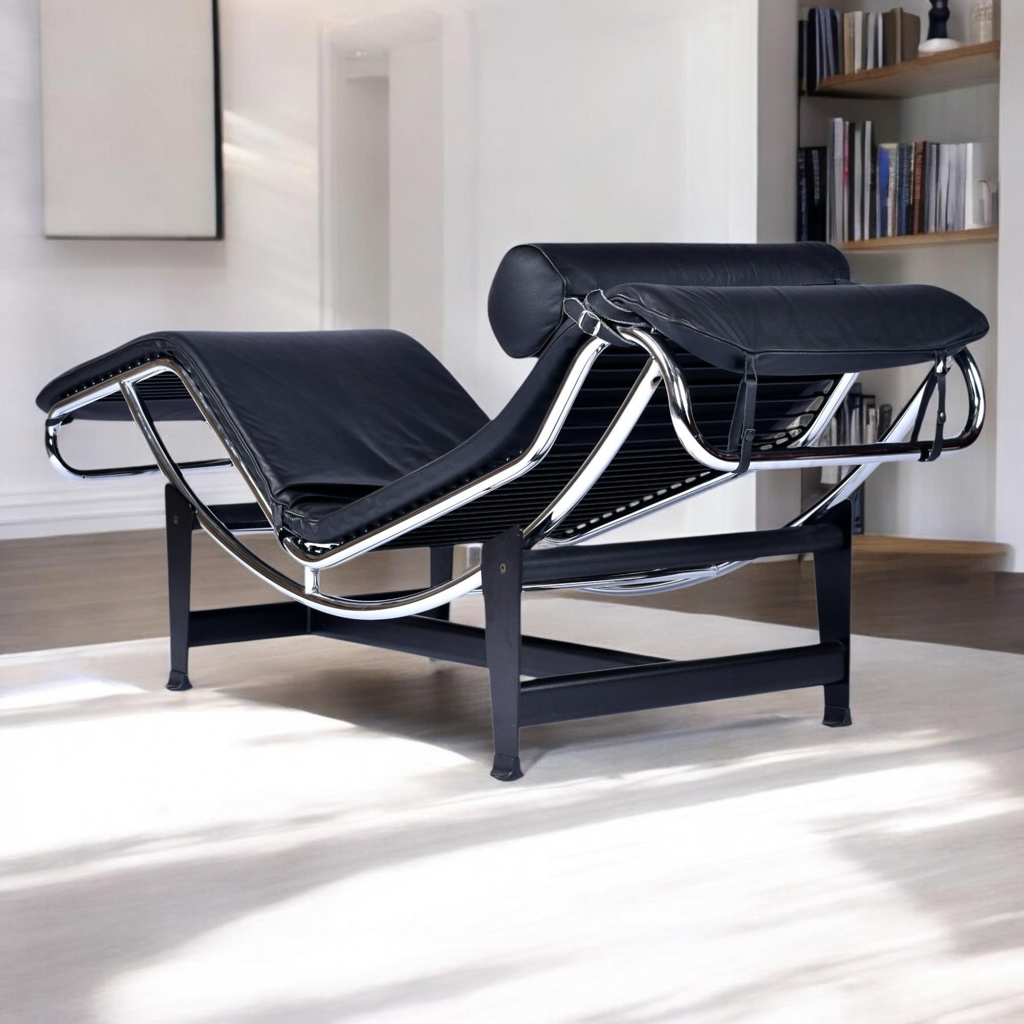 Riproduzione in stile Le Corbusier Lc4 della chaise longue regolabile in pelle nera in vendita 6