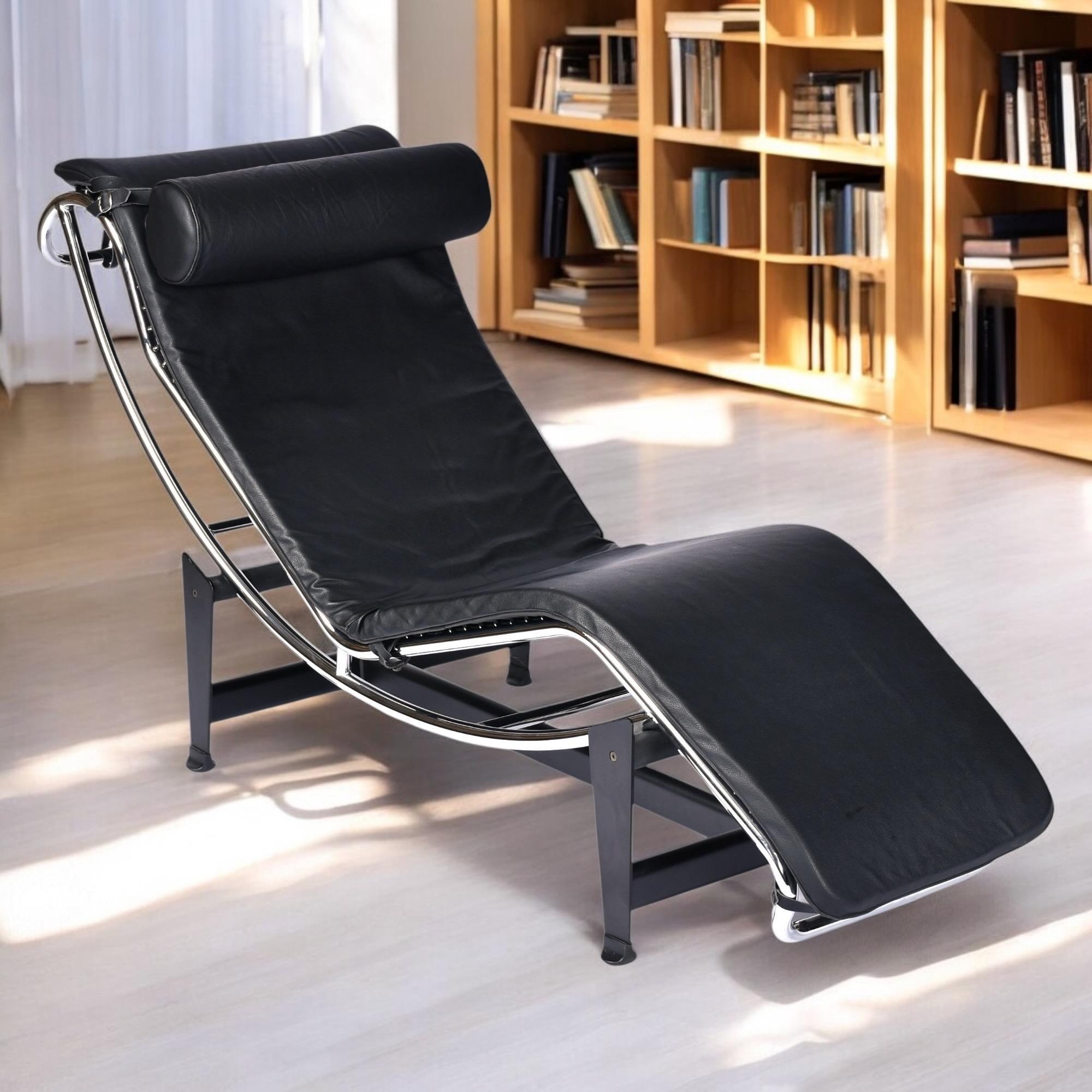 Riproduzione del 21° secolo della chaise lounge in cromo e pelle nera di Le Corbusier. Ben realizzata, in pelle autentica e acciaio tubolare cromato, questa riproduzione della chaise LC4 supera il test di qualità. La poltrona sembra usata