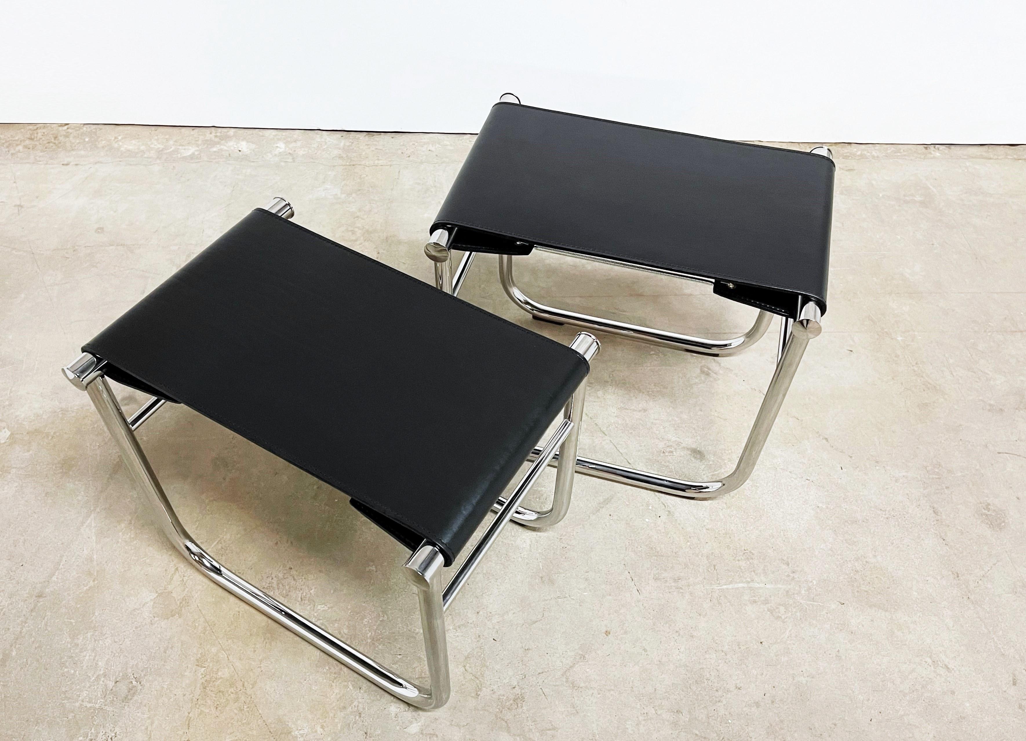 The minimalist LC9 stool is a classic and timeless design by Charlotte Perriand in 1927 and is now being produced by Cassina. Relaunched by Cassina in 1973/2014. Manufactured by Cassina in Italy. The frame is made of tubular chrome-plated stainless