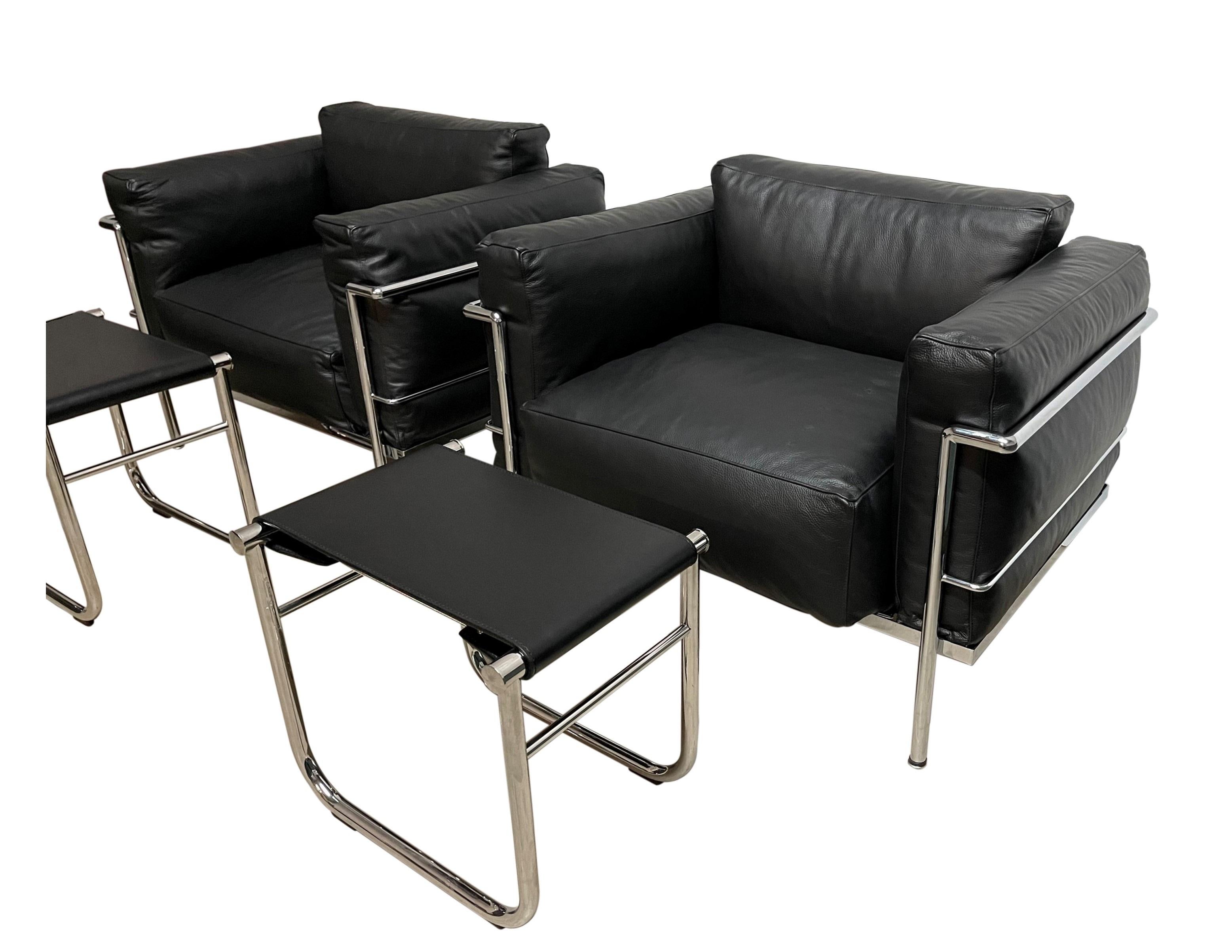 Leather Pair Le Corbusier LC9 Chrome Stools by Cassina