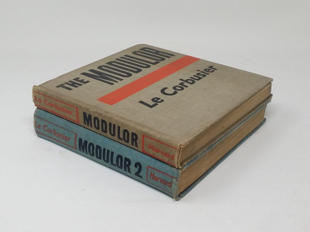 The two Modulor books describe Le Corbusier’s philosophy of architectural proportion that is derived from the scale of the human body. The figure of Modulor man appeared in Le Corbusier’s publications as well as murals in architectural projects