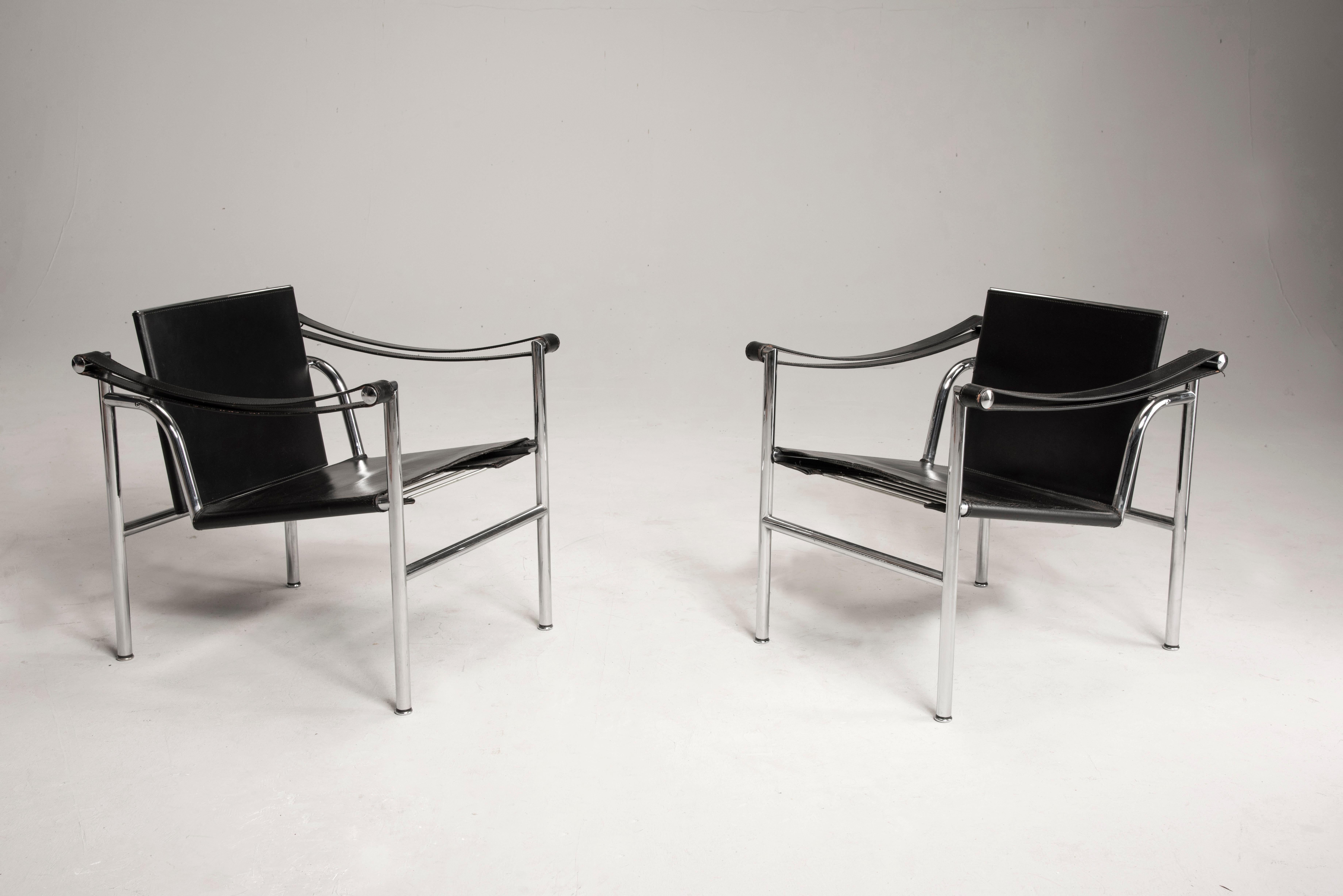 Bauhaus Le Corbusier Numbered Steel and Black Leather LC1 Chairs for Cassina, 1970s