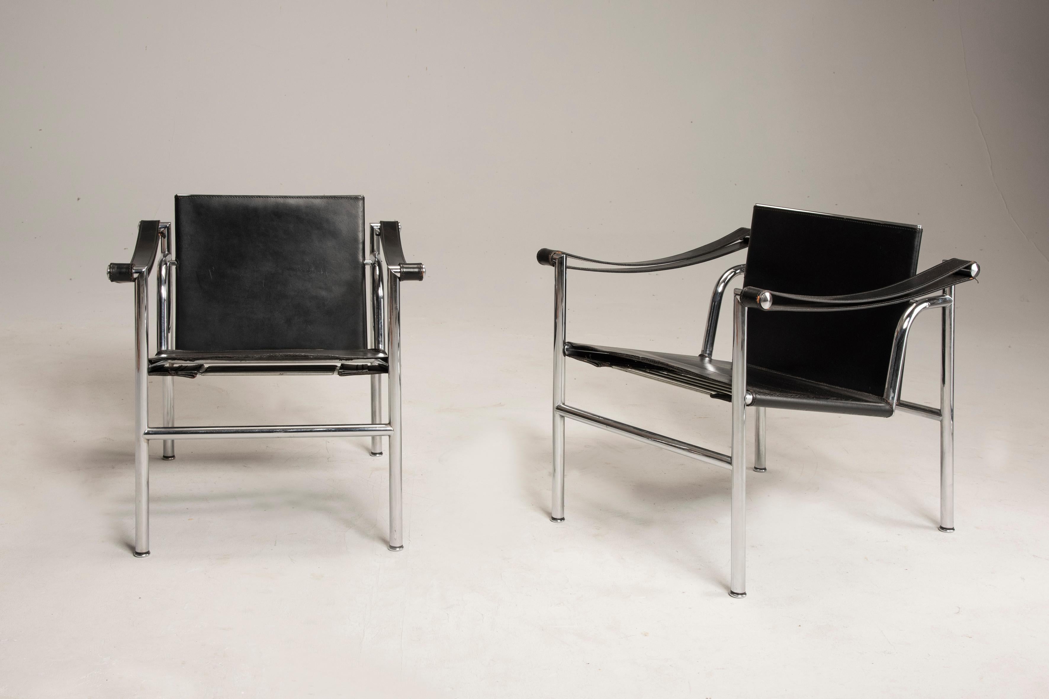 European Le Corbusier Numbered Steel and Black Leather LC1 Chairs for Cassina, 1970s