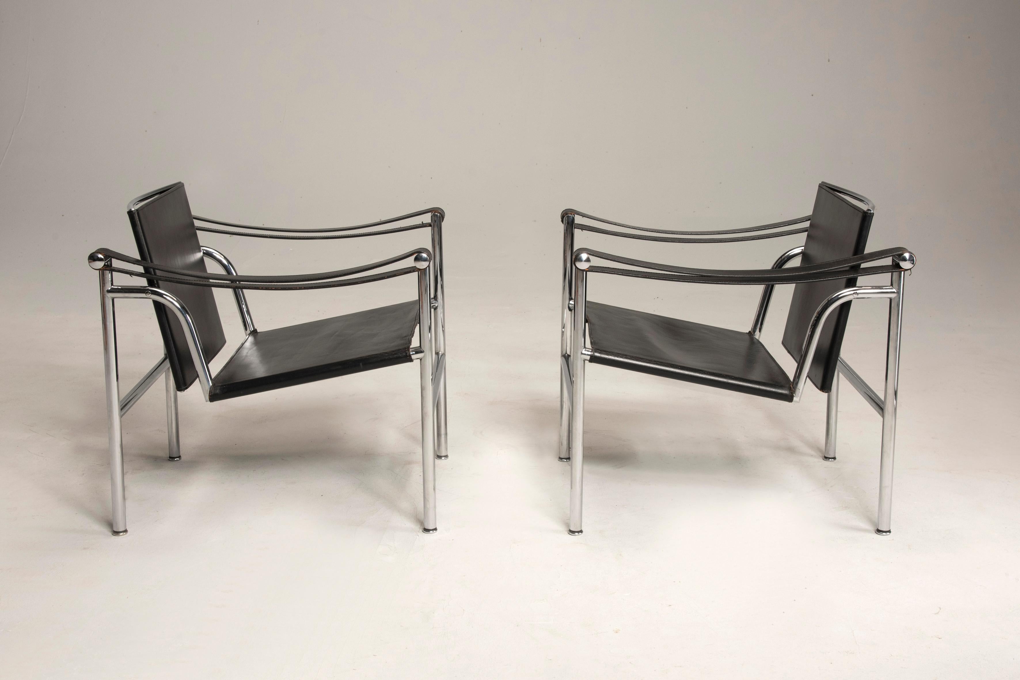 20th Century Le Corbusier Numbered Steel and Black Leather LC1 Chairs for Cassina, 1970s