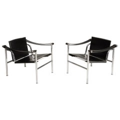 Le Corbusier Numbered Steel and Black Leather LC1 Chairs for Cassina, 1970s