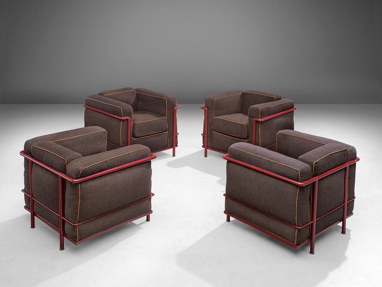 Le Corbusier, Pierre Jeanneret, Charlotte Perriand, Lounge chairs, fabric and lacquered steel, Italy, design 1928, production 1965.

Four club chairs with painted steel frame. The separate cushions are upholstered in a grey to brown fabric. This