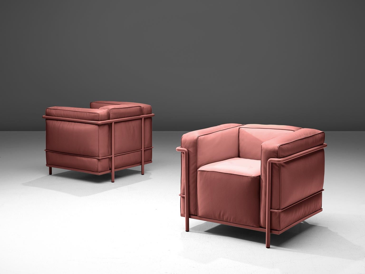 Le Corbusier, Pierre Jeanneret, Charlotte Perriand, pair of LC2 lounge chairs, reupholstered in leather, metal, Italy, design 1928, year of production 1965.

Two armchairs with painted steel frame. The separate cushions are upholstered in a dark