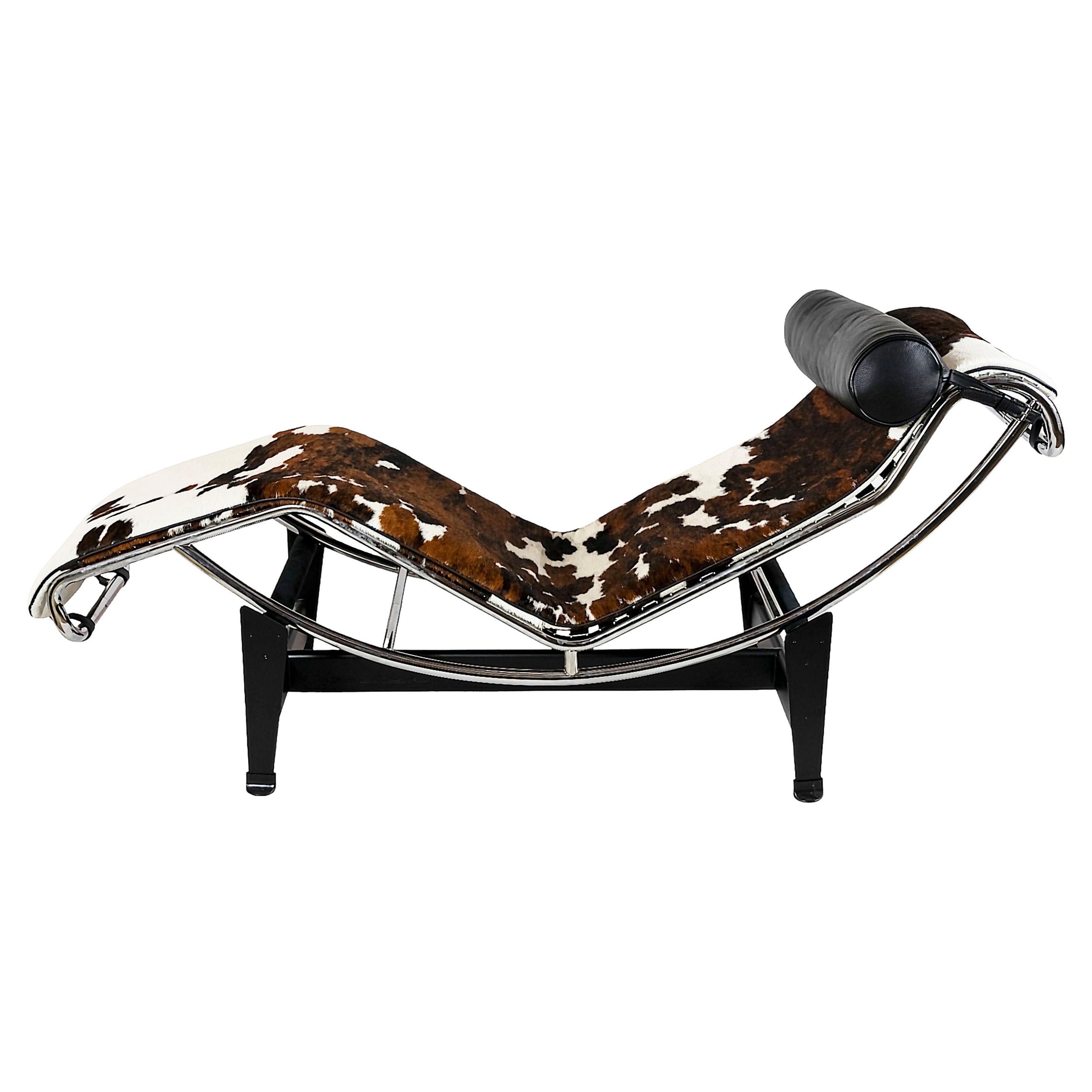 Vintage Le Corbusier, Pierre Jeanneret, Charlotte Perriand chaise lounge  LC4 created in 1928's.
Manufacture by Cassina edition circa 2010.
In natural cow/pony fur, black leather pillow, chromed steel tube frame, black base/legs.
Stamped and