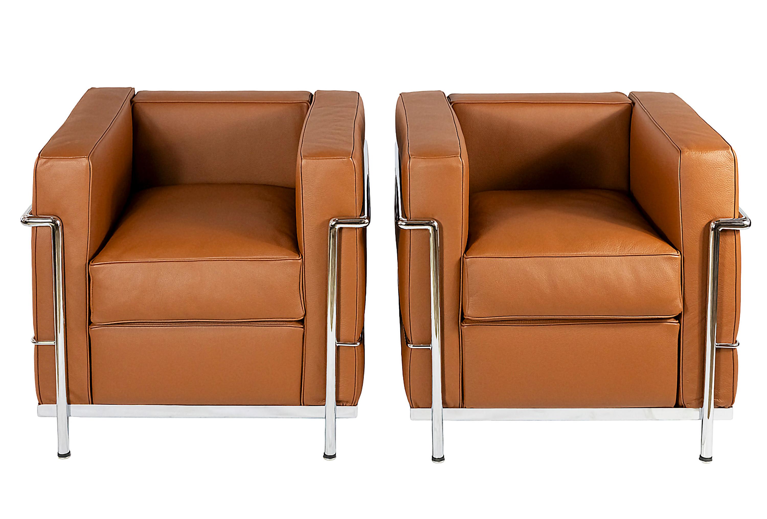 Pair of LC2 armchairs designed by Le Corbusier, Pierre Jeanneret, Charlotte Perriand.
Numbers engraved on the frame and labeled Cassina.
In cognac leather, chromed steel tube frame.
Very good vintage condition. 

 

 