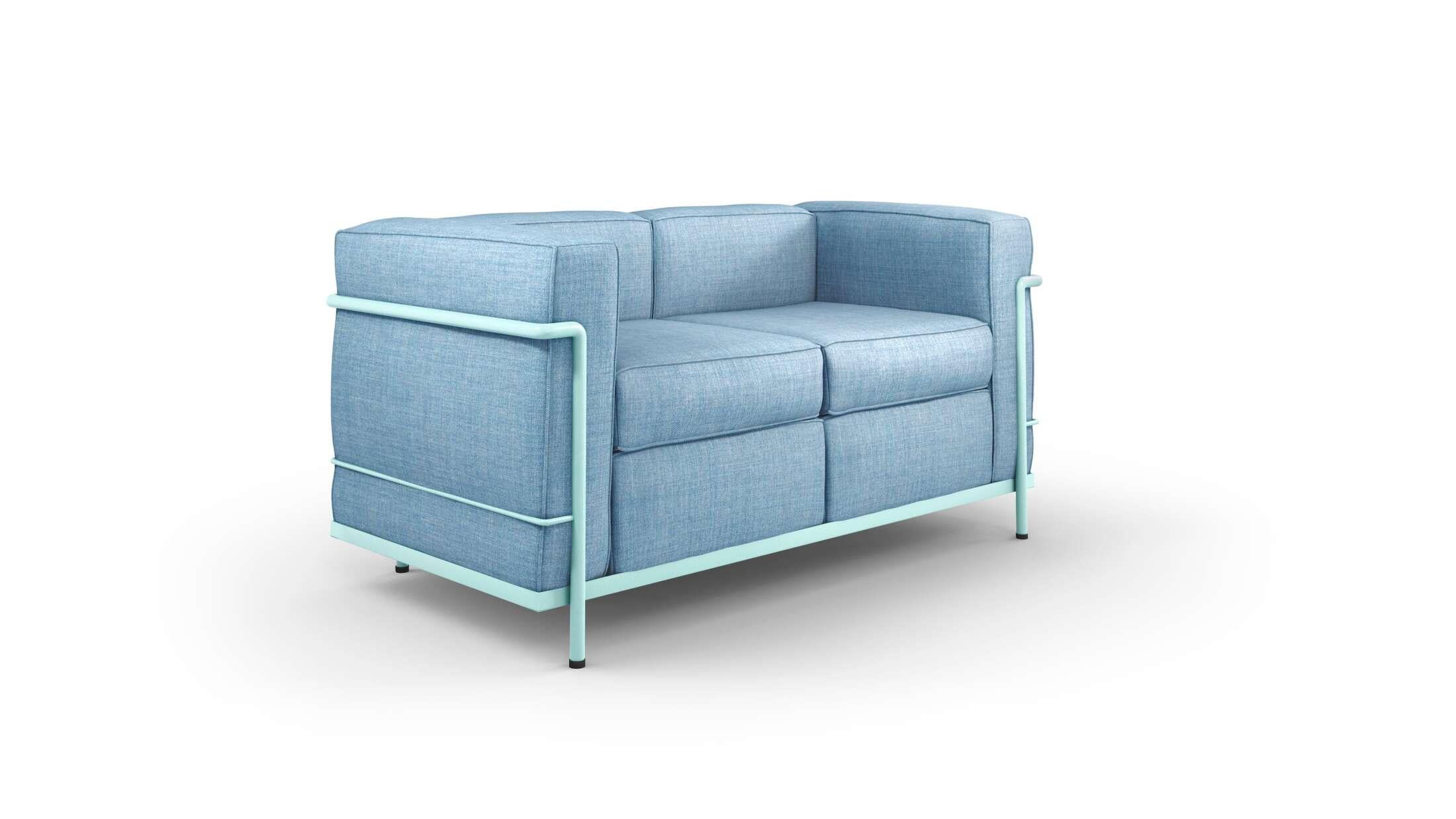 Mid-Century Modern Le Corbusier, Pierre Jeanneret, Charlotte Perriand LC2 Sofa Pro in Light Blue For Sale