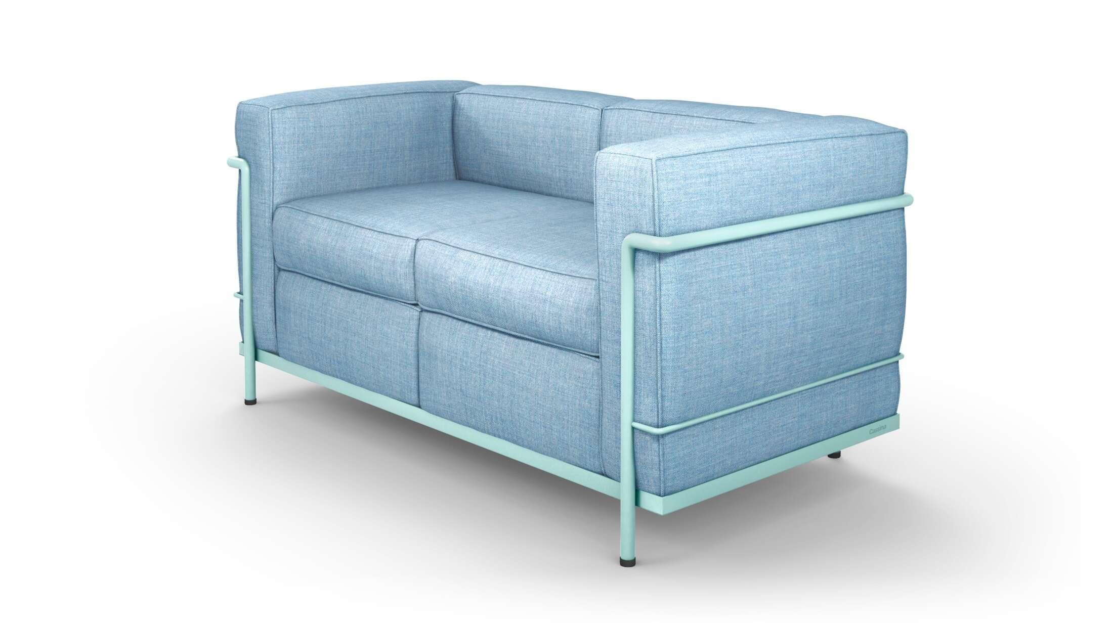 Italian Le Corbusier, Pierre Jeanneret, Charlotte Perriand LC2 Sofa Pro in Light Blue For Sale