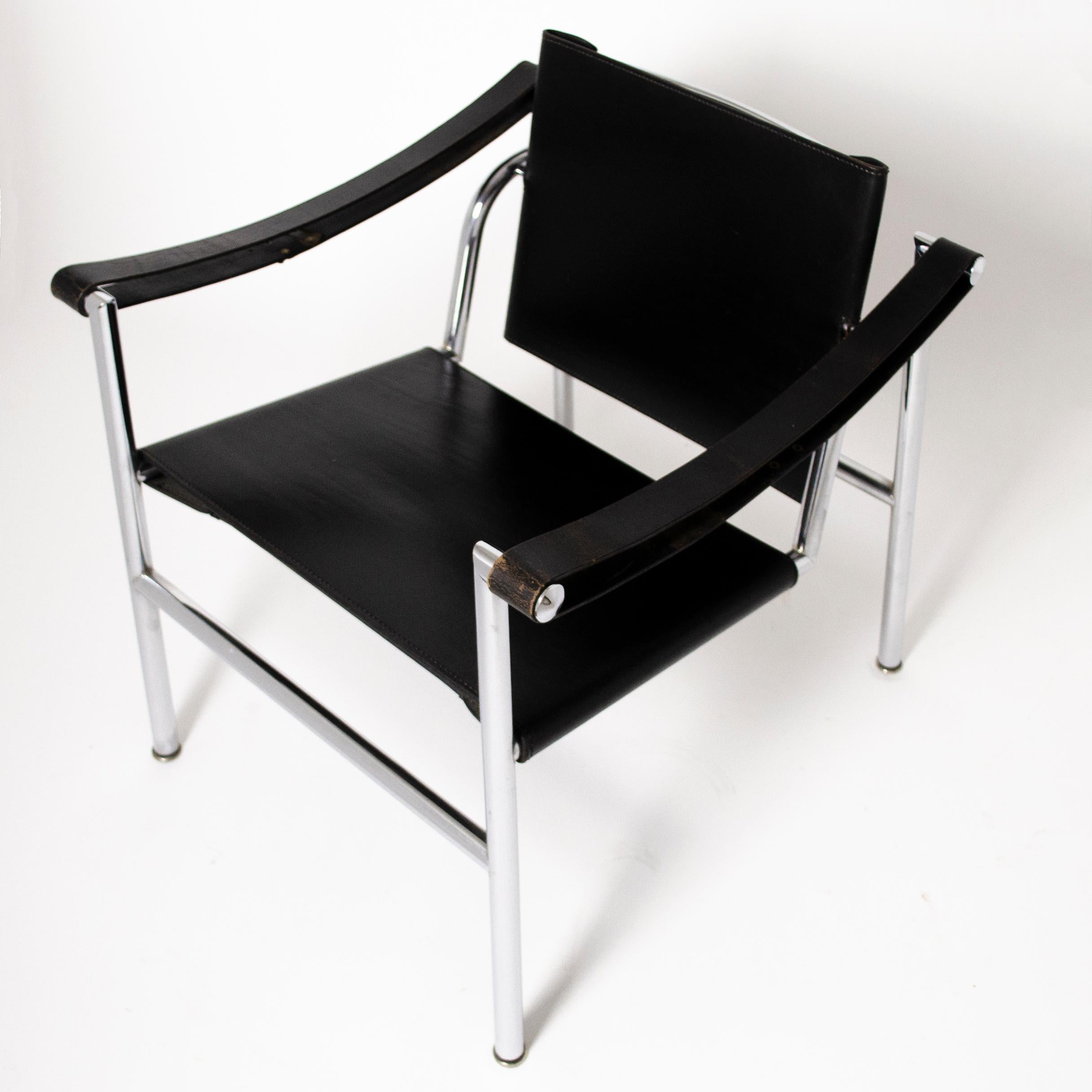 Post-Modern Le Corbusier Postmodern Steel and Black LC1 Numbered Chairs for Cassina, 1980s