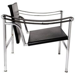 Le Corbusier Postmodern Steel and Black LC1 Numbered Chairs for Cassina, 1980s