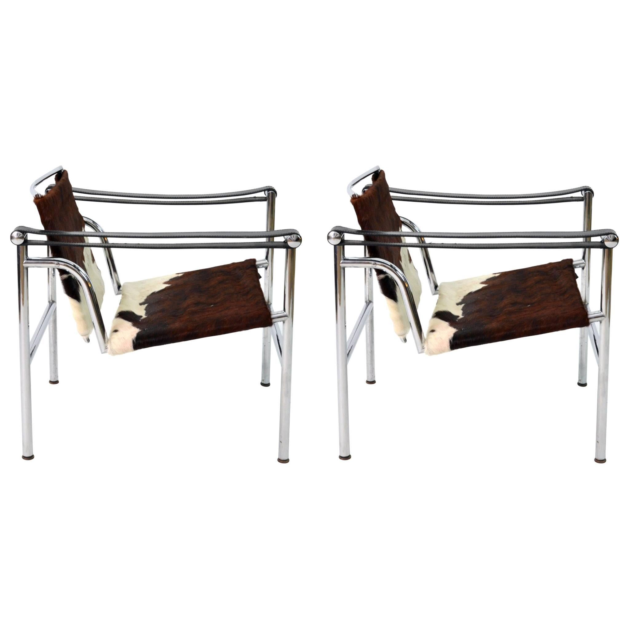 Le Corbusier Postmodern Steel and Cowskin LC1 Numbered Chairs for Cassina, 1980s