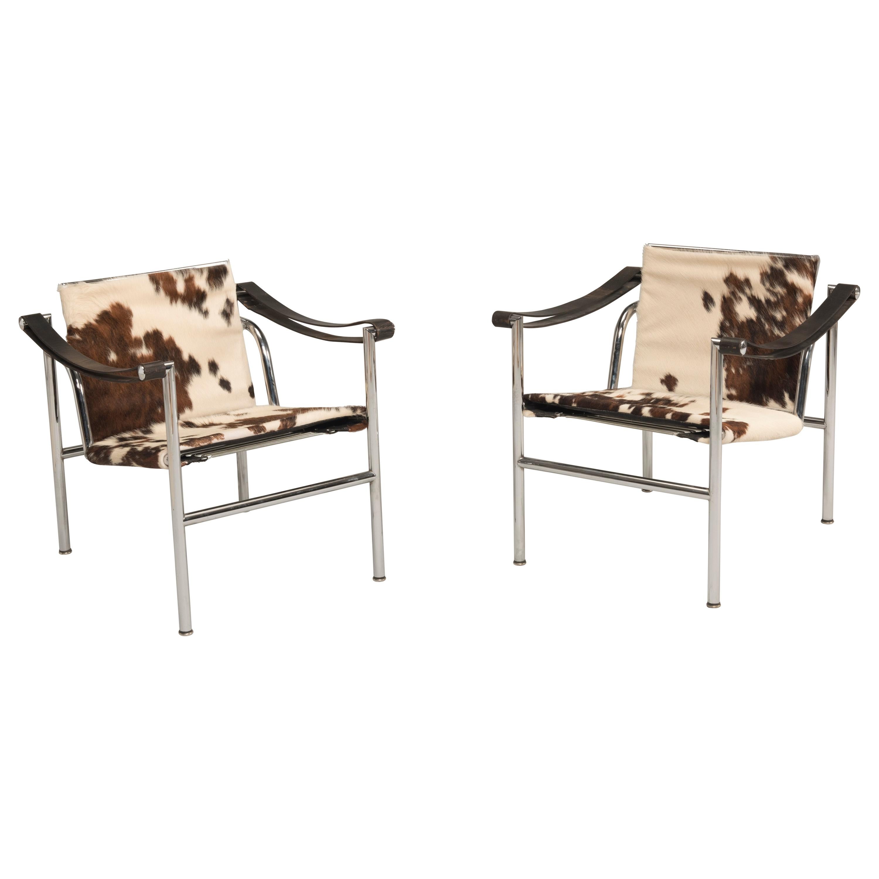 Le Corbusier Postmodern Steel and Cowskin LC1 Numbered Chairs for Cassina, 1980s