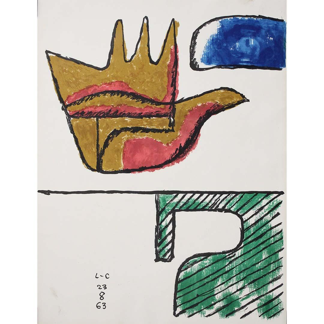 This 1963 original twelve-colour lithograph by Le Corbusier (Charles-Édouard Jeanneret, 1887–1965), titled La Main Ouverte (The Open Hand), was printed at the renowned Atelier Mourlot in Paris and published by Heidi Weber, Zurich. Monogrammed and