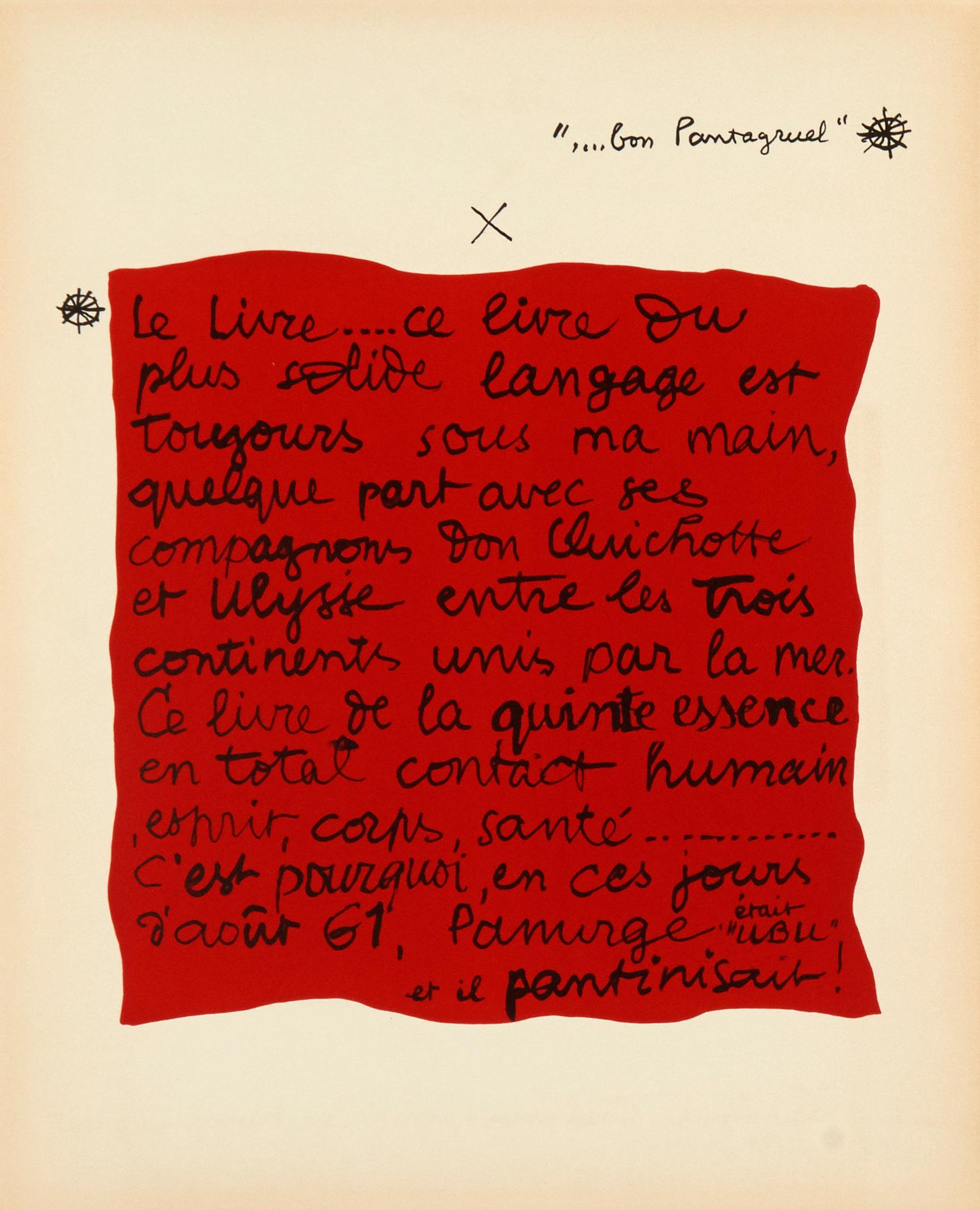 Le Corbusier Serie Panurge, printed by Mourlot, Paris 1962, is an interpretation of Rabelais’ series of novels: Gargantua and Pantagruel. This stunning portfolio is comprised of a title page in colour, one text page in colour, the justification