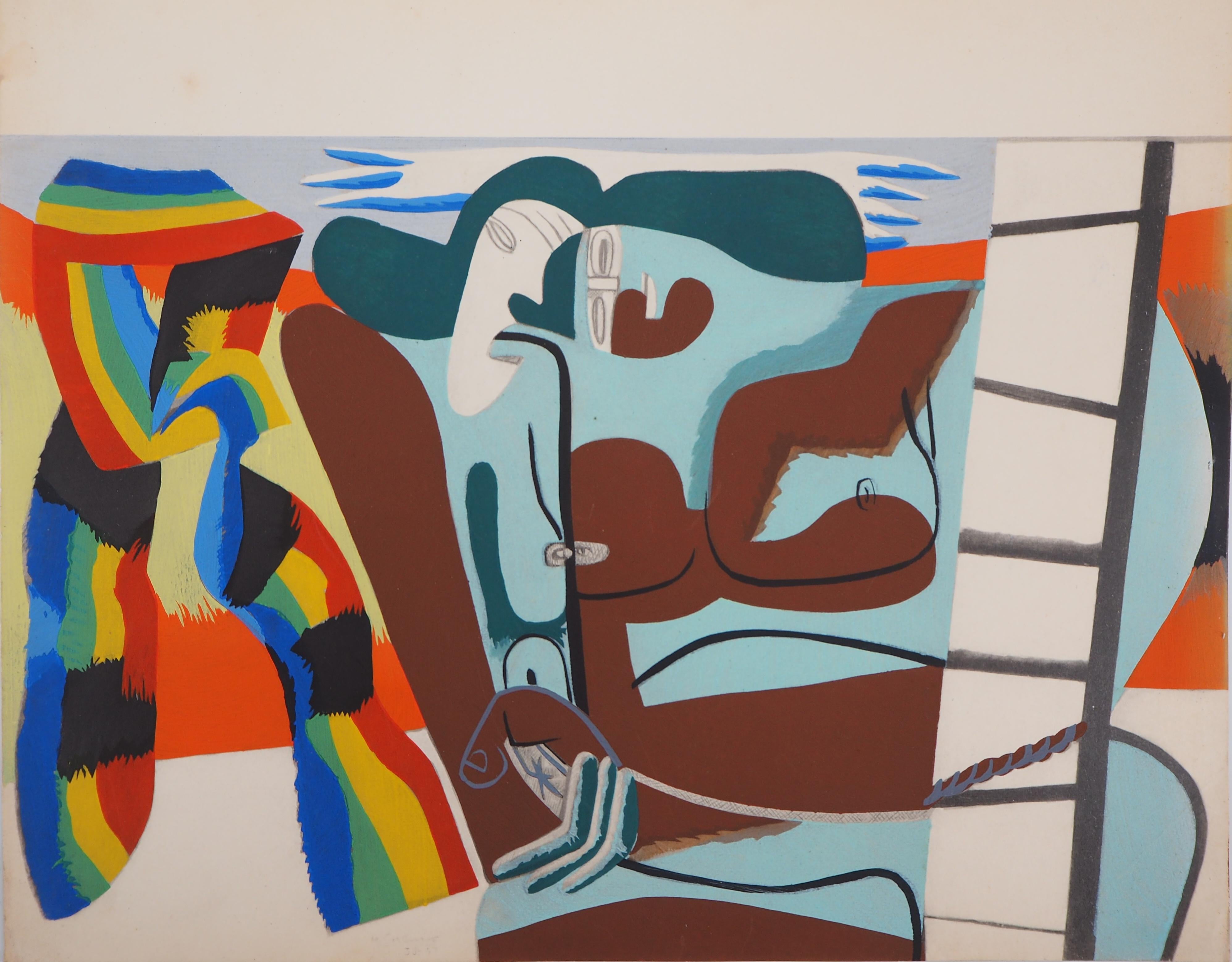 Orgullo : Dos mujeres con pañuelo arco iris - Litografía y plantilla acuarela - Print de Le Corbusier