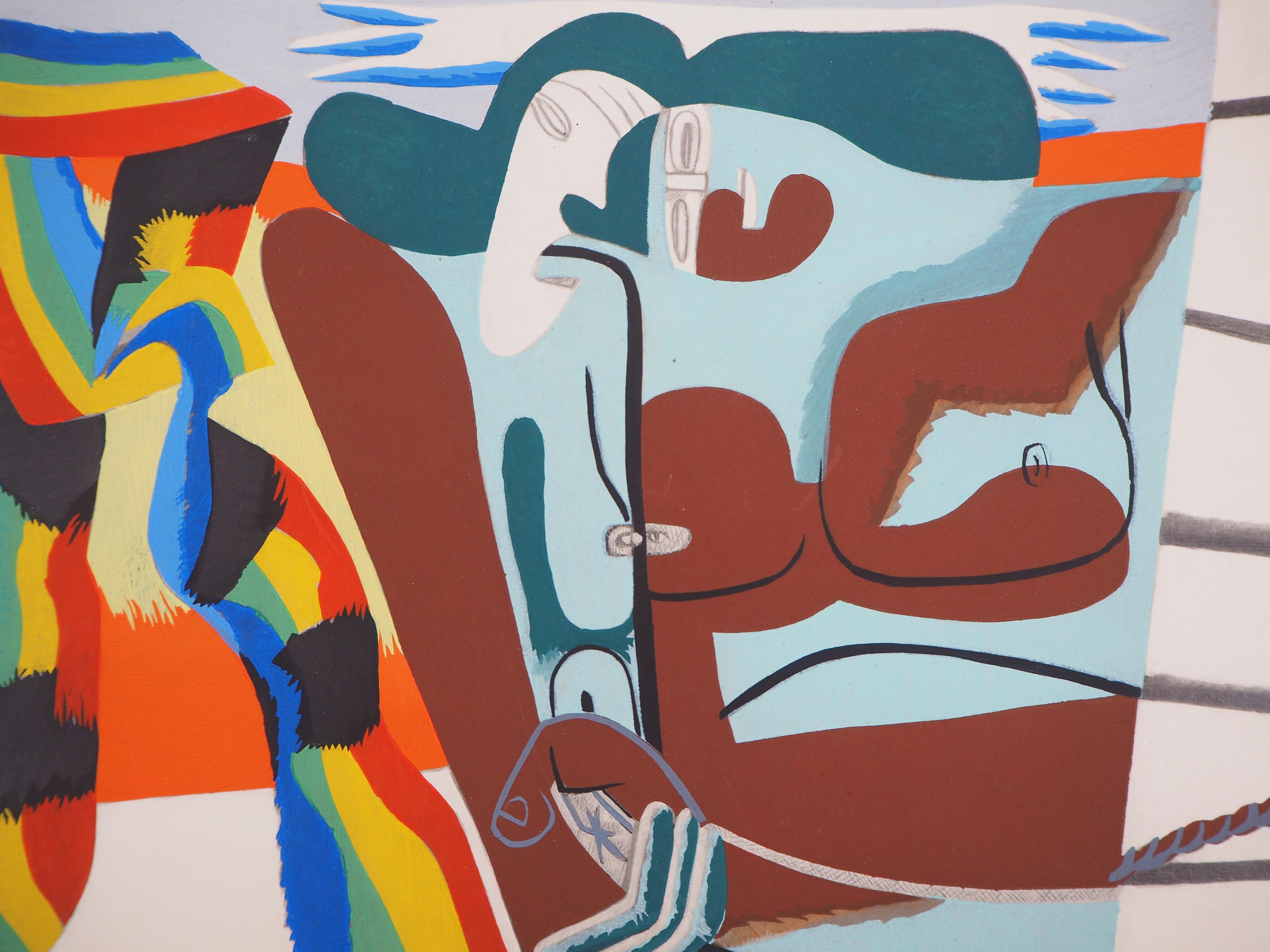 Pride Pride: Zwei Frauen mit Regenbogenschal - Lithographie und Aquarell-Schablone (Kubismus), Print, von Le Corbusier
