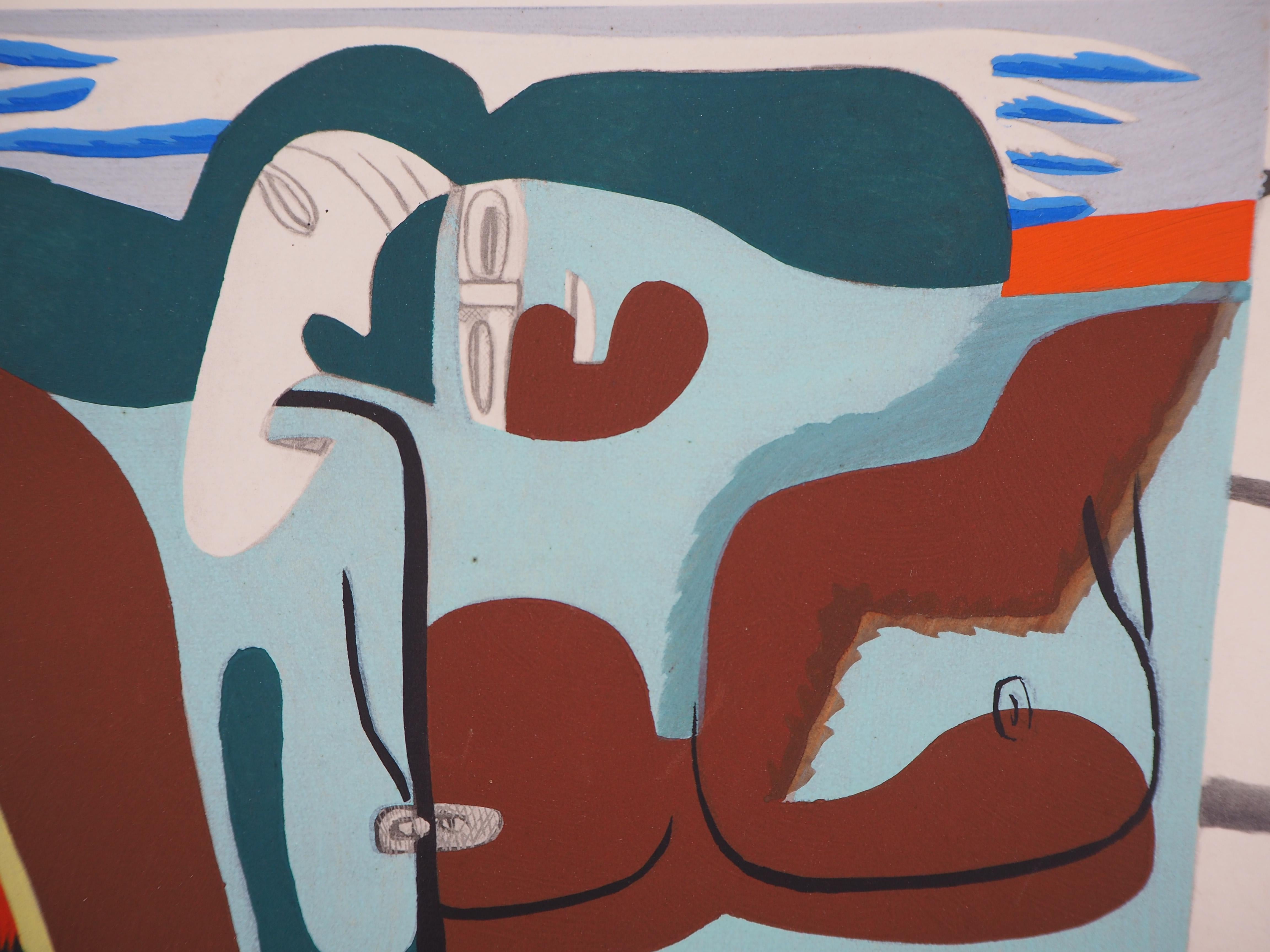 Orgullo : Dos mujeres con pañuelo arco iris - Litografía y plantilla acuarela - Figurative Print Gris de Le Corbusier