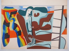 Lithographie et pochoir à l'aquarelle « Two Women with Rainbow » (Les deux femmes avec une écharpe arc-en-ciel)