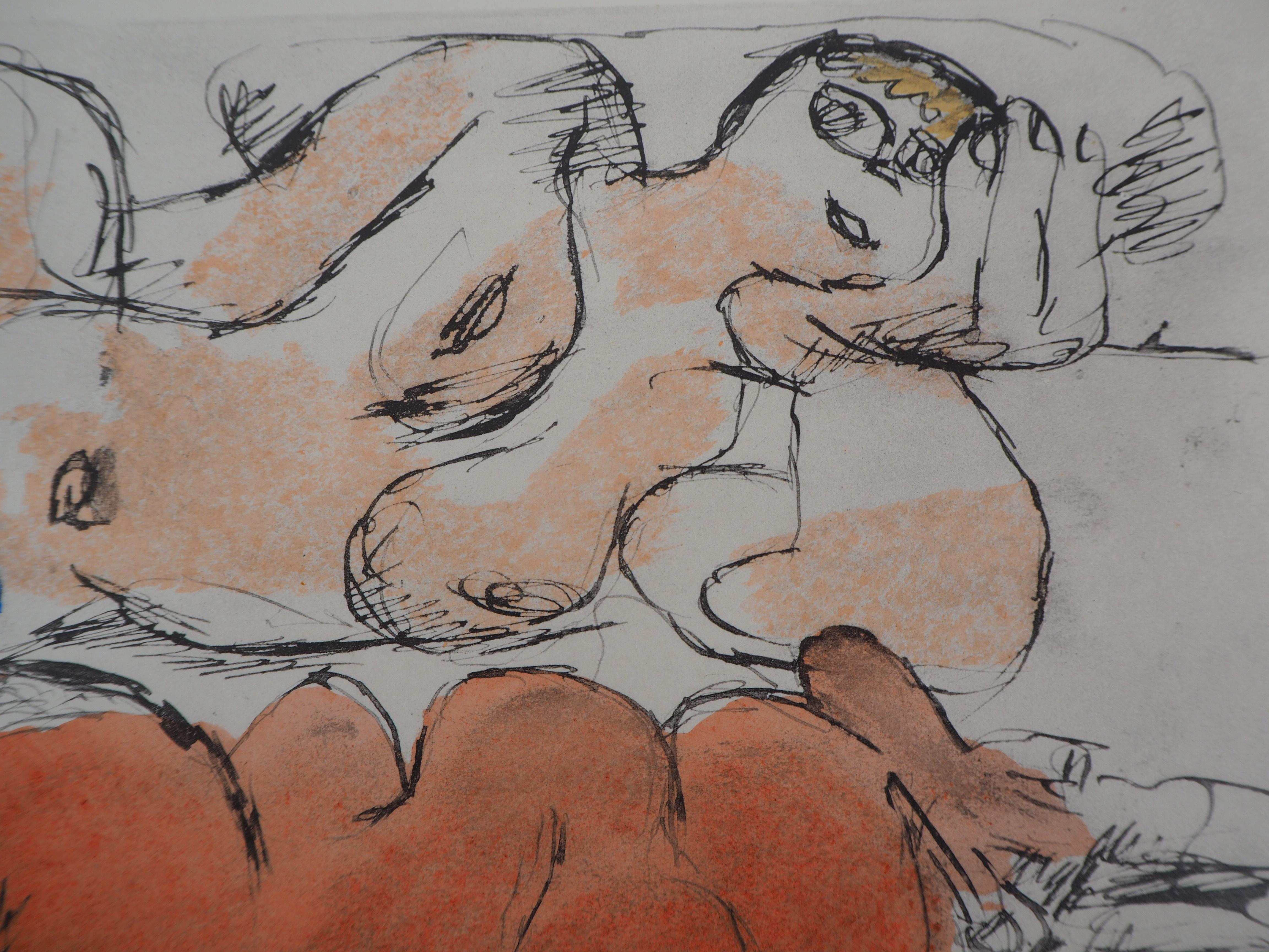 Le reste, deux nus couchés - Lithographie et pochoir à l'aquarelle - Print de Le Corbusier