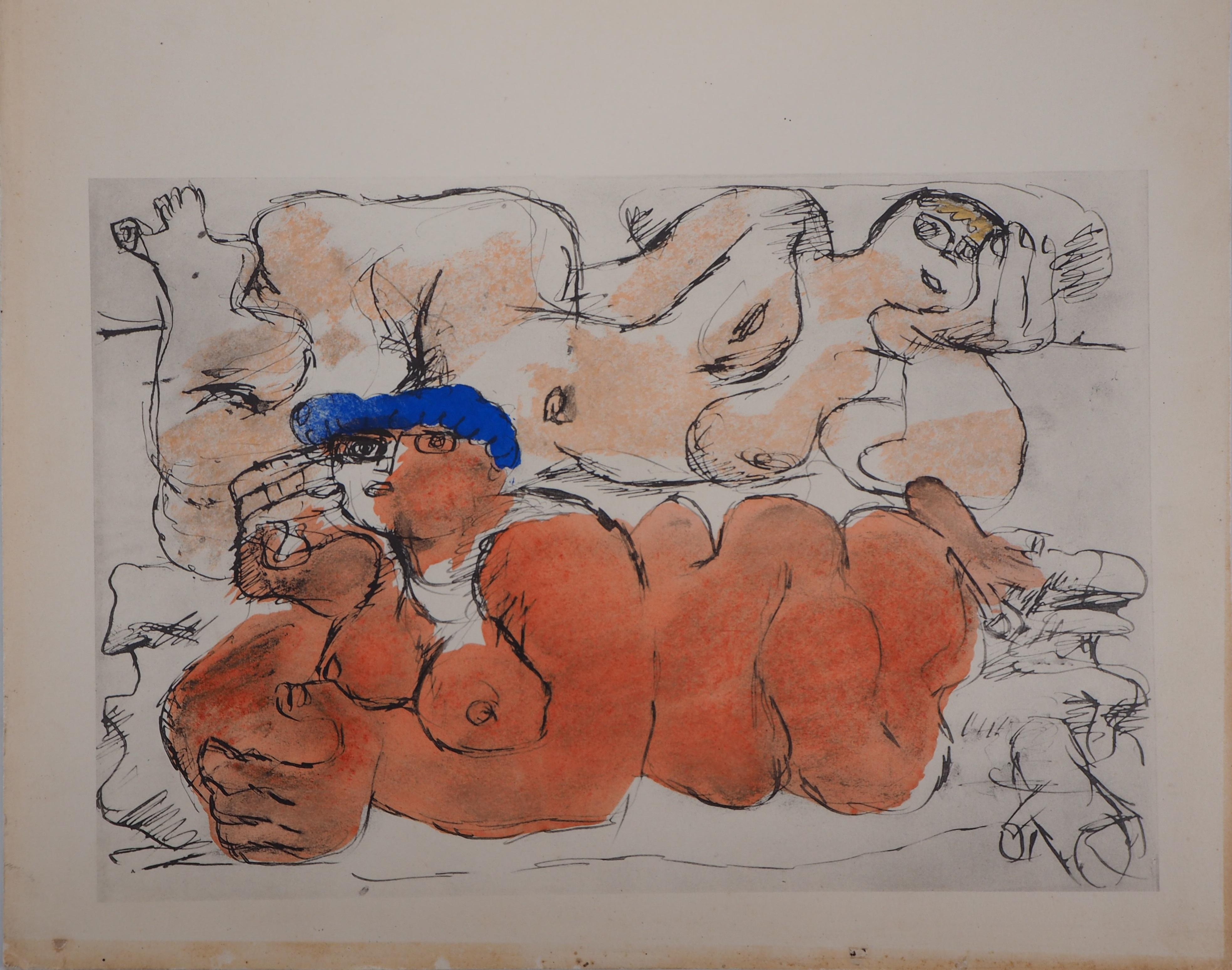 El Resto, Dos Desnudos Reclinados - Litografía y plantilla de acuarela - Nude Print Marrón de Le Corbusier