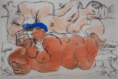The Rest, Two Reclining Nudes - Lithograph and watercolor stencil