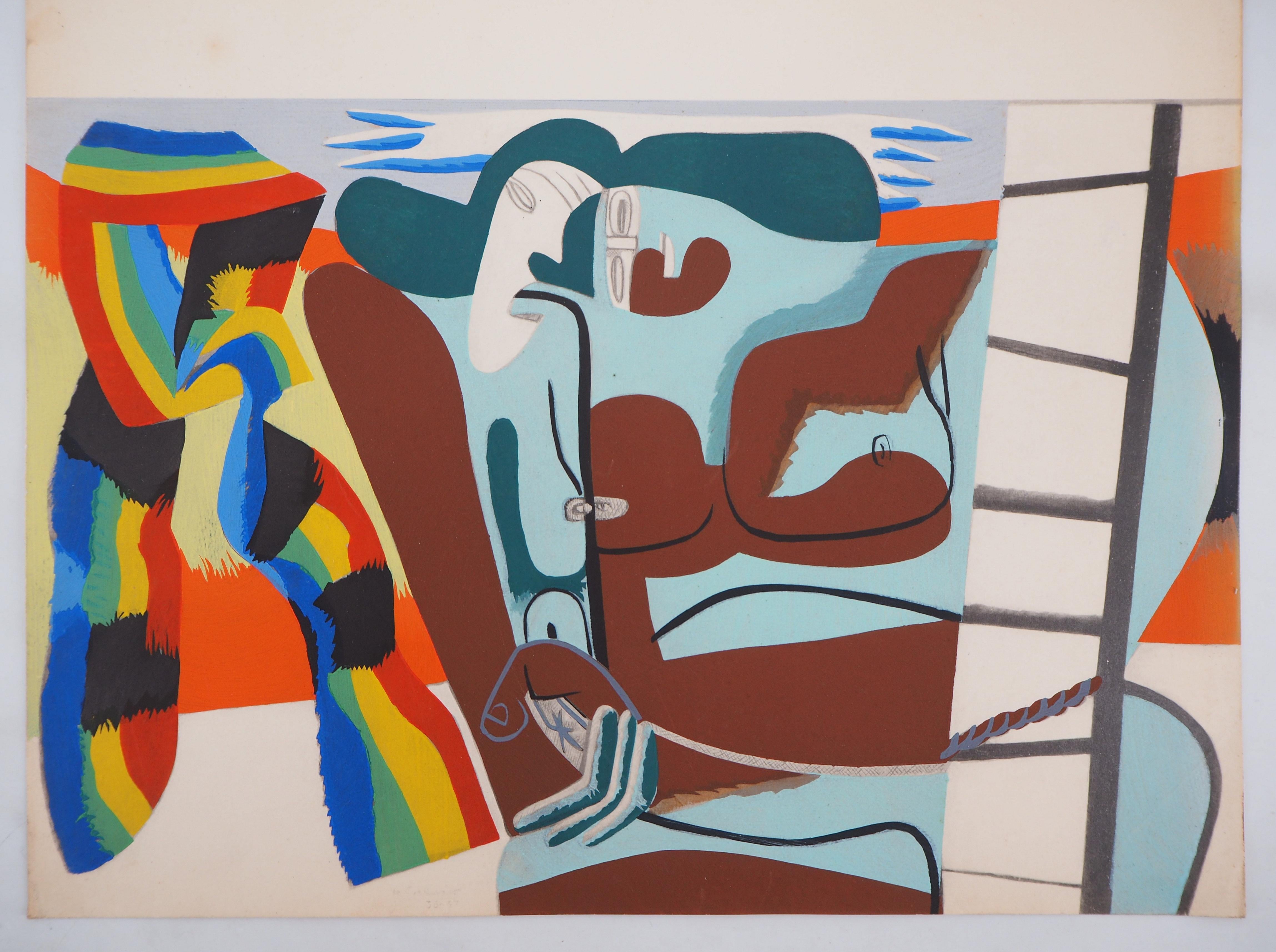 Le Corbusier Figurative Print - Two Women with Rainbow Scarf - Lithograph and watercolor stencil