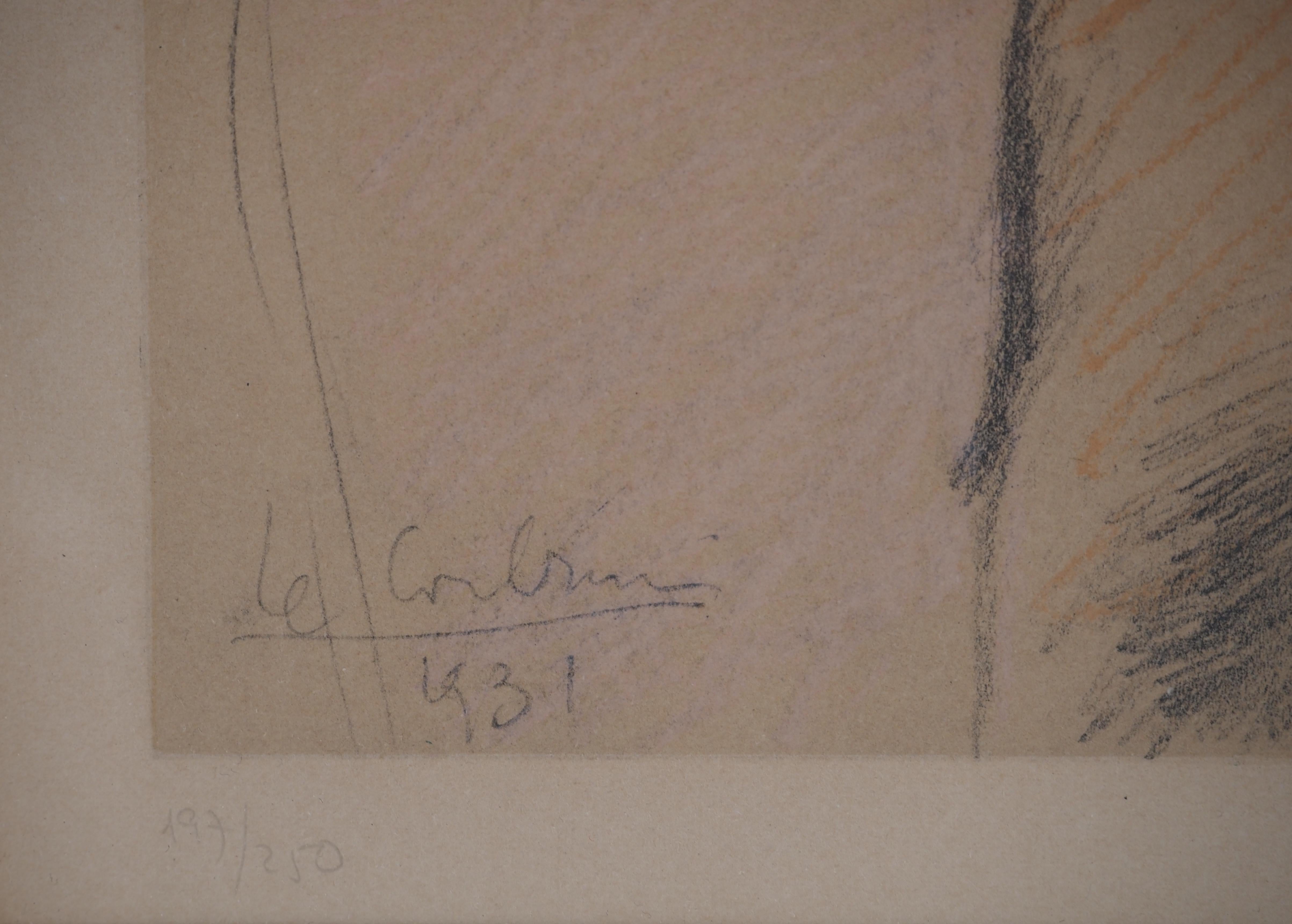 Giovane donna con velo blu - Litografia, firma stampata, numerata /250 - Print di Le Corbusier