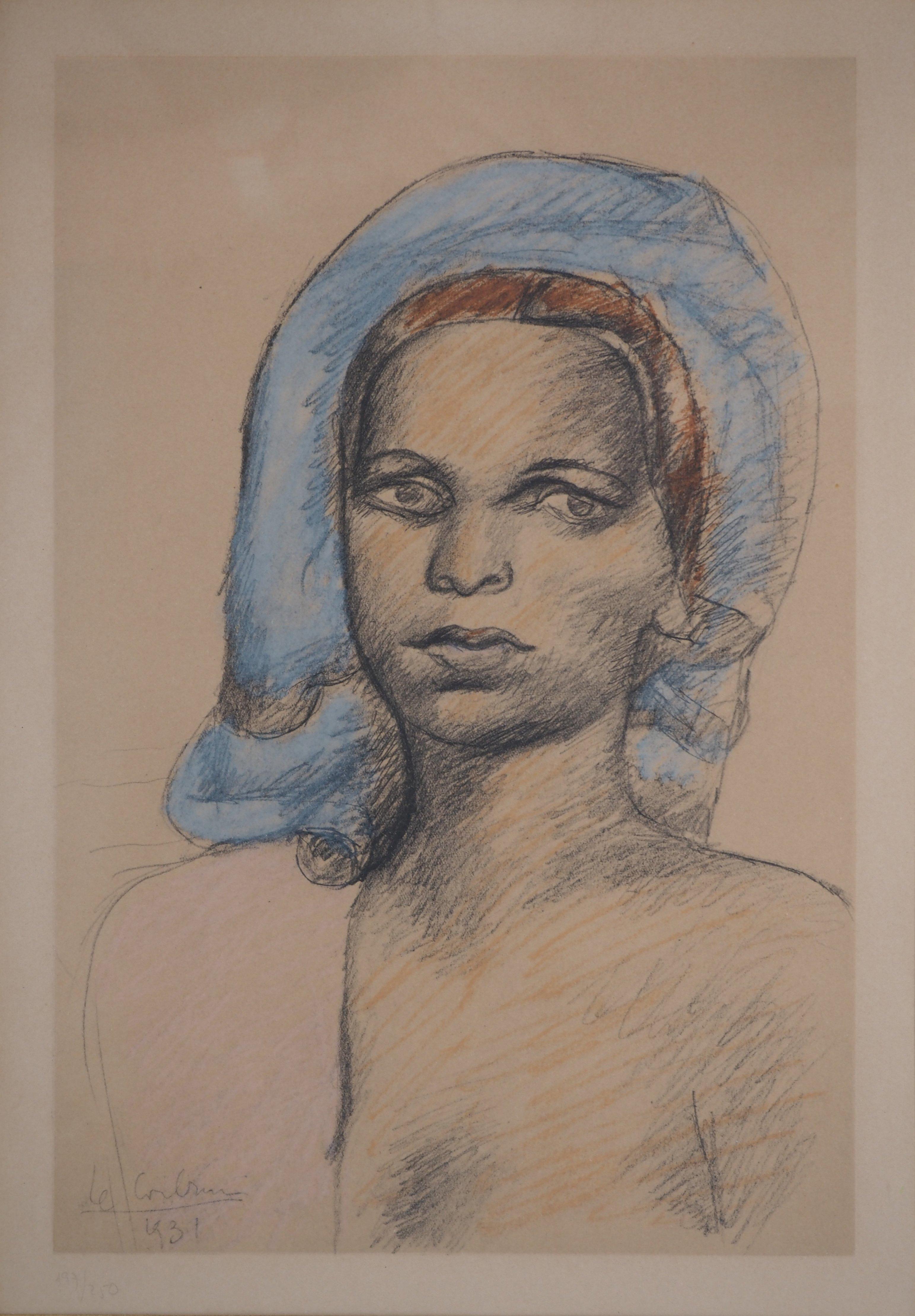 Giovane donna con velo blu - Litografia, firma stampata, numerata /250 - Print Moderno di Le Corbusier