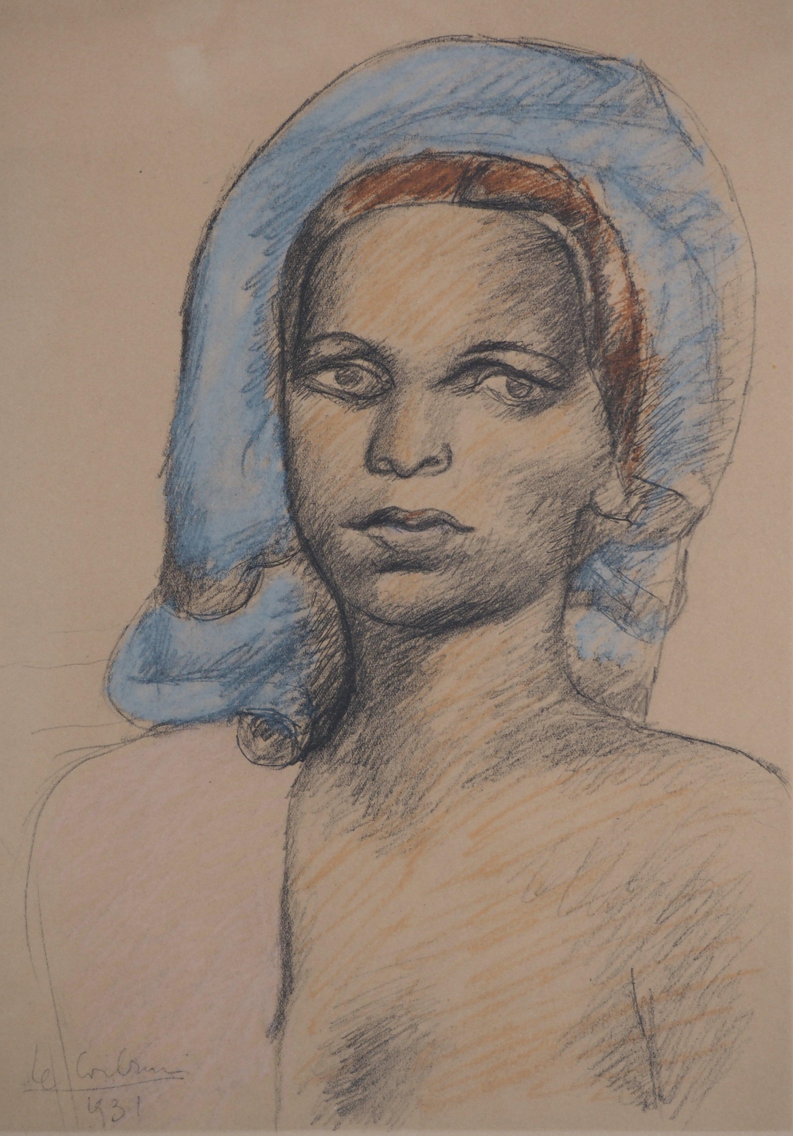 Le Corbusier (1887-1965)
Giovane donna con un velo blu, 1950 ca.

Litografia e stencil (processo Jacomet)
Firma stampata nella lastra
Numerato / 250 
Su Vellum 34 x 24 cm a vista (c. 14 x 10 in)
Presentato in una cornice in legno dorato 47 x 36 cm
