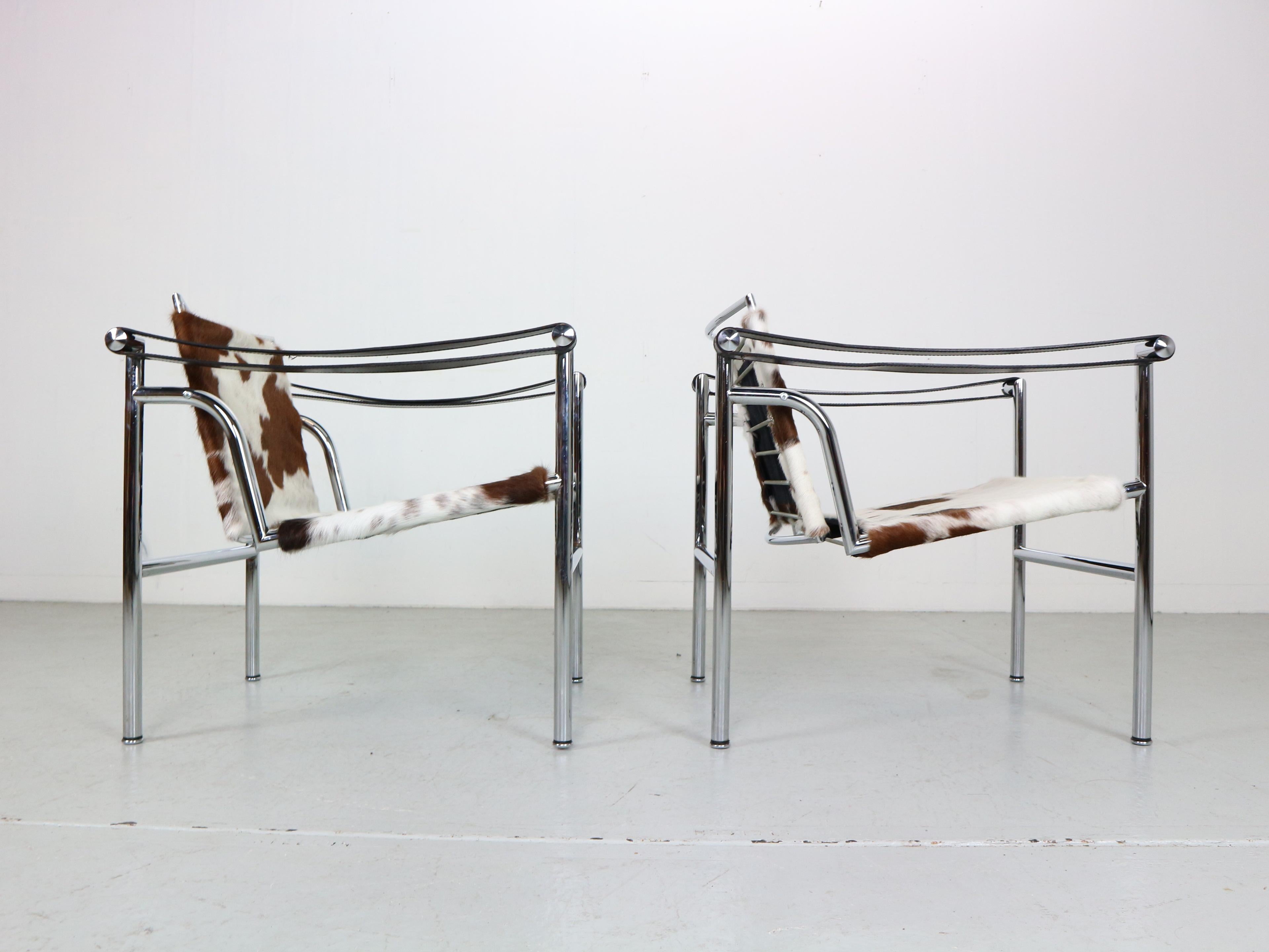 Chrome Le Corbusier Set of 2 Pony Skin Armchairs Model-LC1 for Cassina, 1970s, Italy