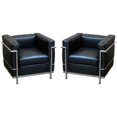 Le Corbusier Style Black Leather and Chrome Chairs