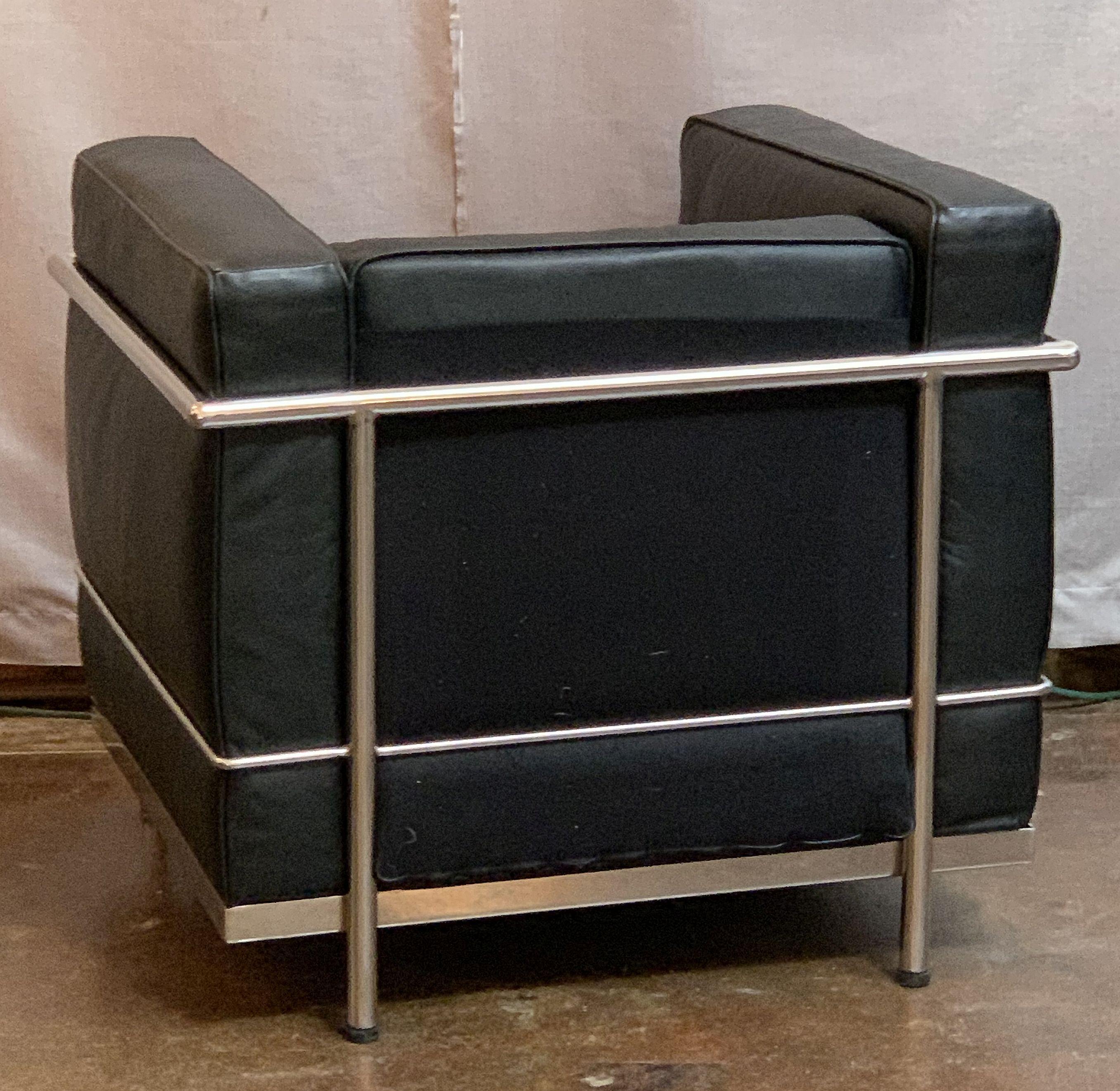 Le Corbusier Style Black Leather and Chrome Chairs 9