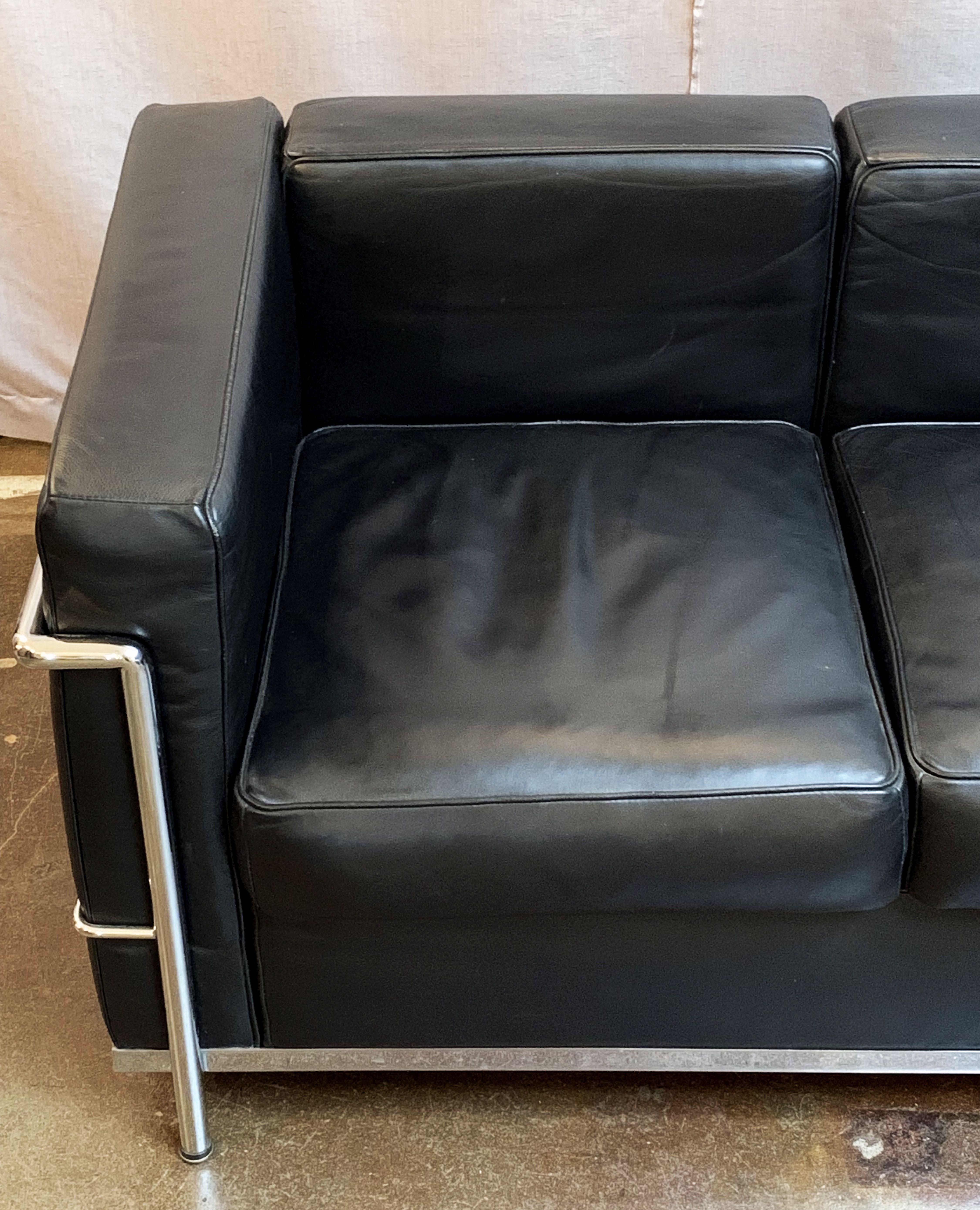 Le Corbusier Style Black Leather and Chrome Two-Seat Sofa 3